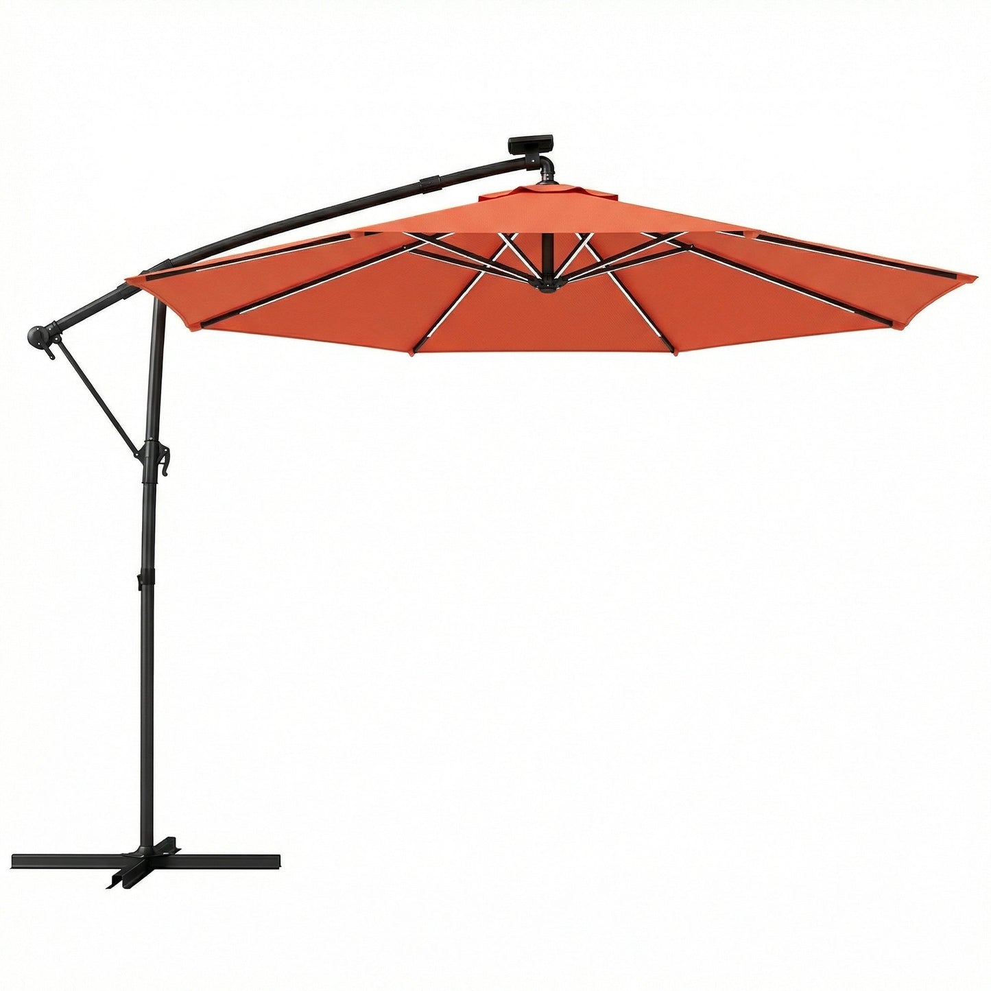 3 m Garden Cantilever Parasol with LED Solar Light, Round Overhanging Umbrella with 6-Position 360° Rotation, Crank Handle, Tilt, Cover, Banana Patio Umbrella for Outdoor Sun Shade, Orange