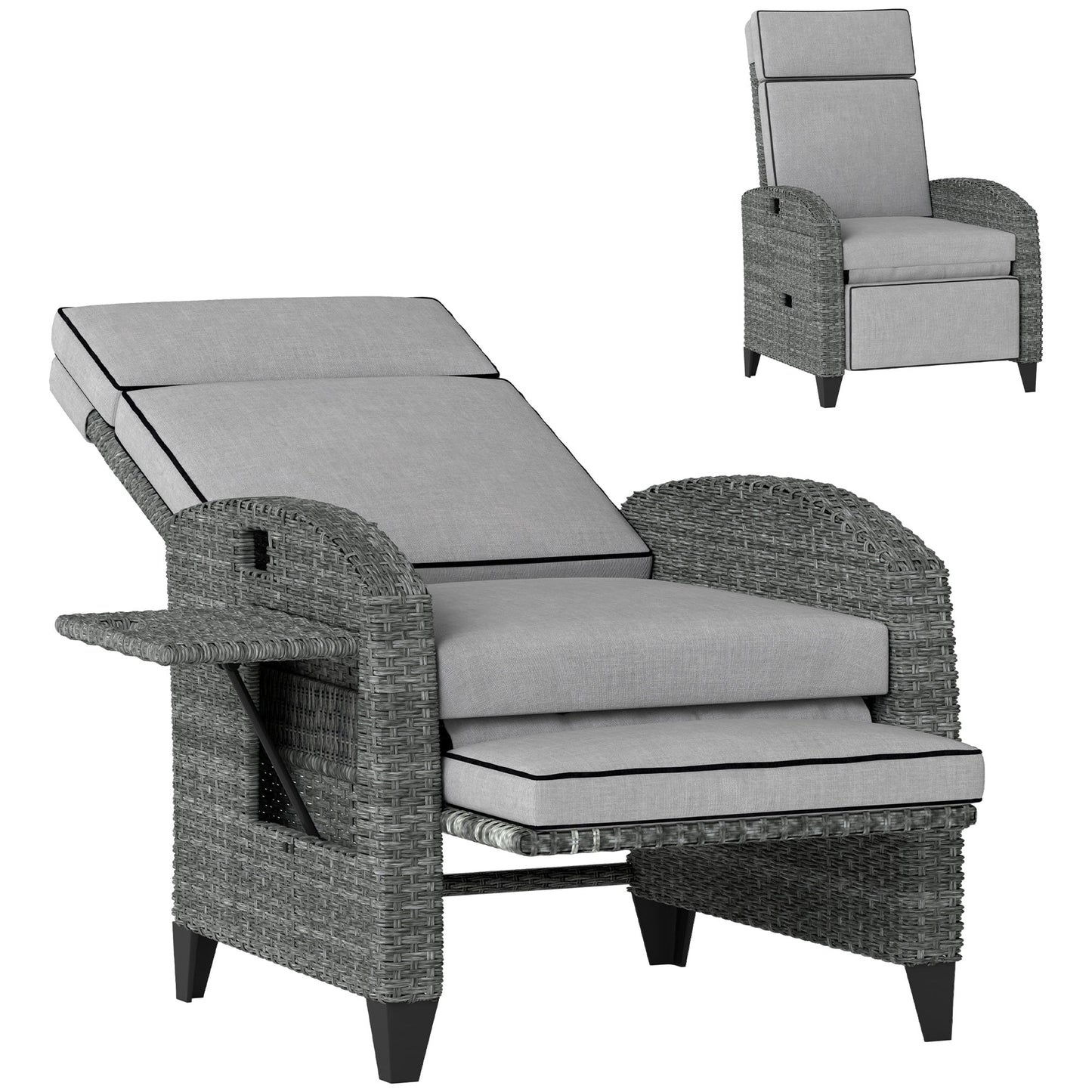 Garden Recliner with Cushion, PE Wicker Outdoor Recliner Chair with Adjustable Backrest & Footrest, Rattan Recliner Chair with Armrests and Side Tray for Balcony, Porch, Light Grey