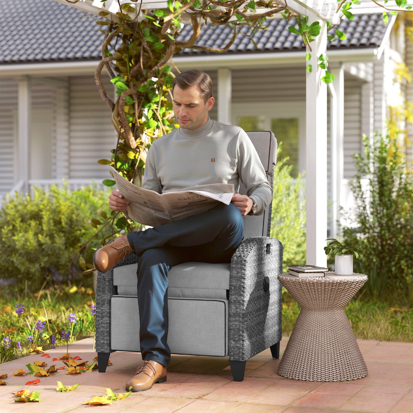 Garden Recliner with Cushion, PE Wicker Outdoor Recliner Chair with Adjustable Backrest & Footrest, Rattan Recliner Chair with Armrests and Side Tray for Balcony, Porch, Light Grey