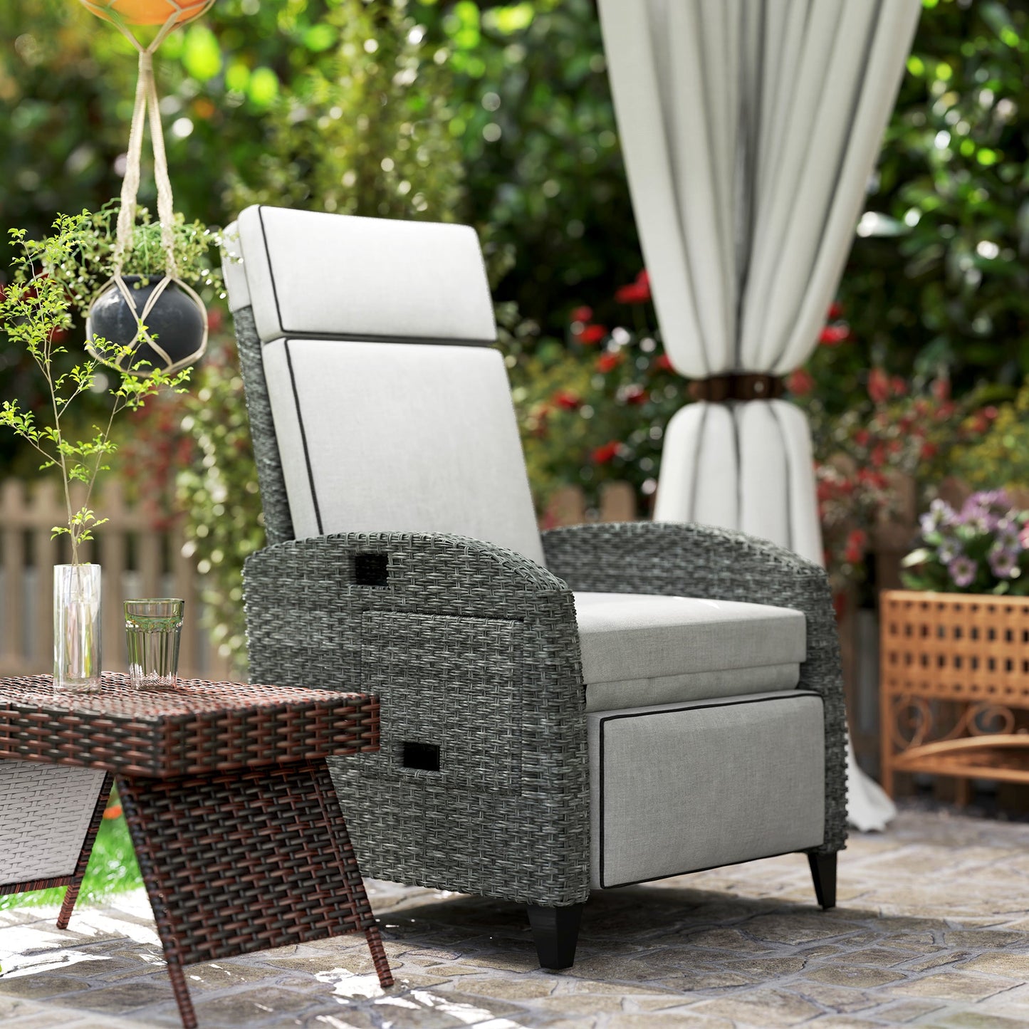 Garden Recliner with Cushion, PE Wicker Outdoor Recliner Chair with Adjustable Backrest & Footrest, Rattan Recliner Chair with Armrests and Side Tray for Balcony, Porch, Light Grey