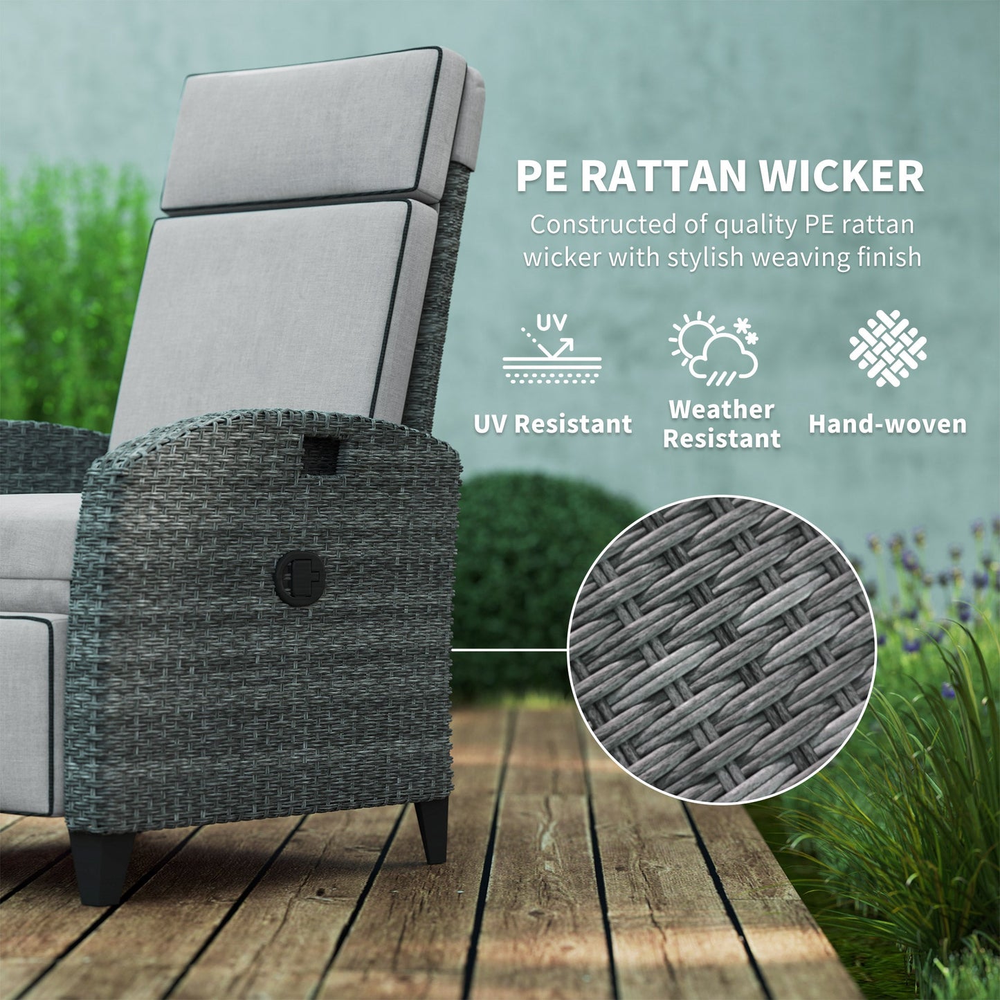 Garden Recliner with Cushion, PE Wicker Outdoor Recliner Chair with Adjustable Backrest & Footrest, Rattan Recliner Chair with Armrests and Side Tray for Balcony, Porch, Light Grey
