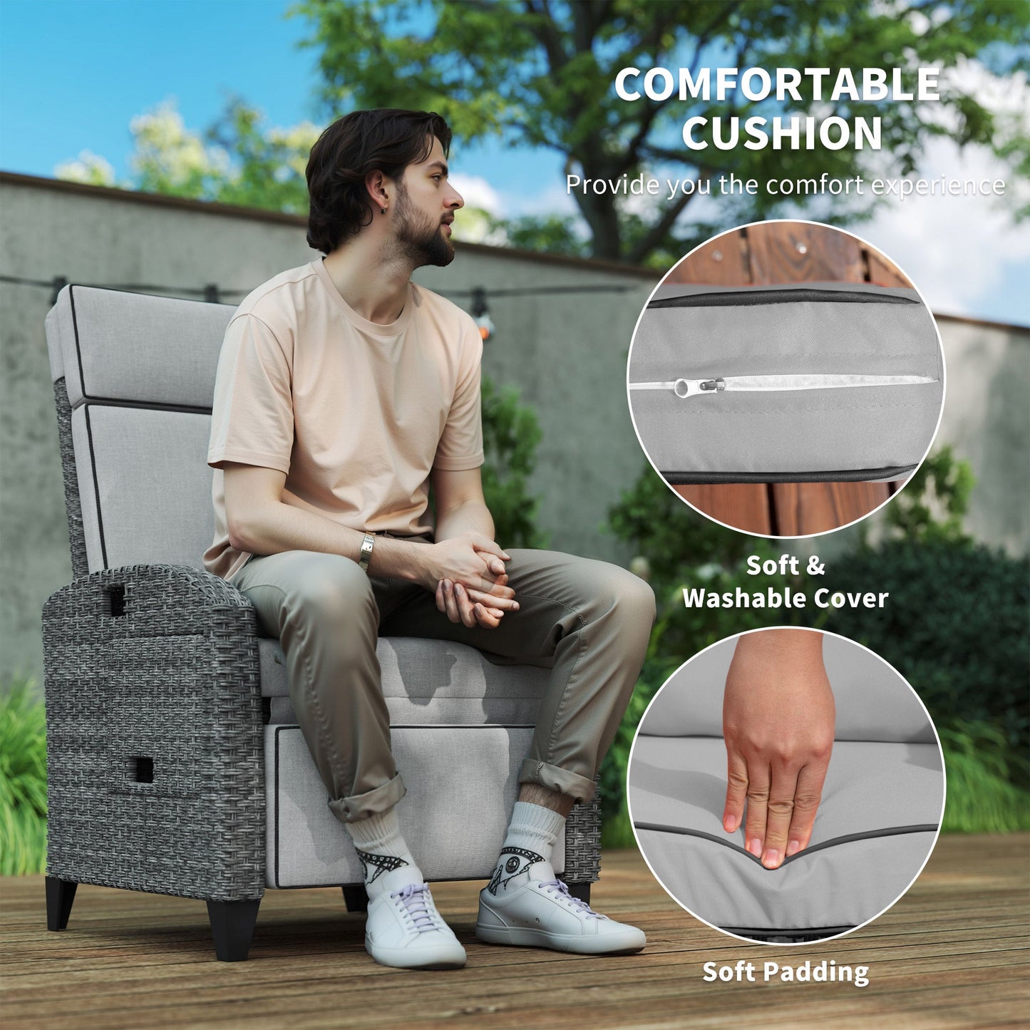 Garden Recliner with Cushion, PE Wicker Outdoor Recliner Chair with Adjustable Backrest & Footrest, Rattan Recliner Chair with Armrests and Side Tray for Balcony, Porch, Light Grey
