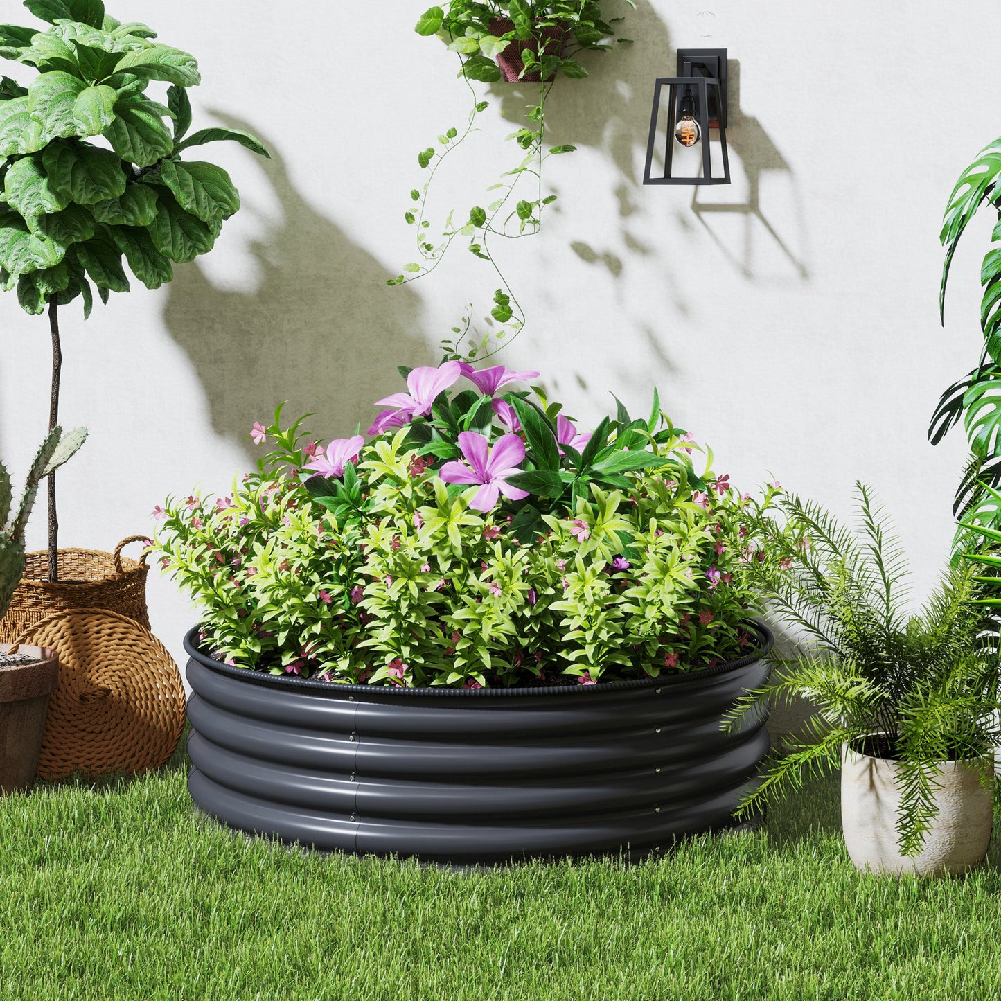 Galvanised Raised Garden Bed with Safety Edging, Outdoor Raised Planter Box with Gloves and Open Bottom, Metal Raised Bed for Flowers, Vegetables and Herbs, 120 x 120 x 43cm, Dark Grey