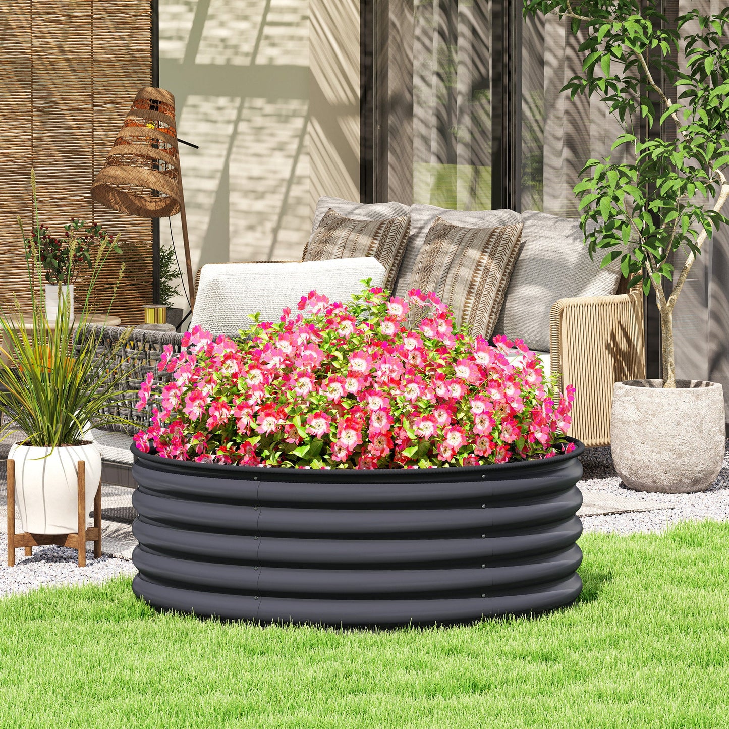 Galvanised Raised Garden Bed with Safety Edging, Outdoor Raised Planter Box with Gloves and Open Bottom, Metal Raised Bed for Flowers, Vegetables and Herbs, 120 x 120 x 43cm, Dark Grey