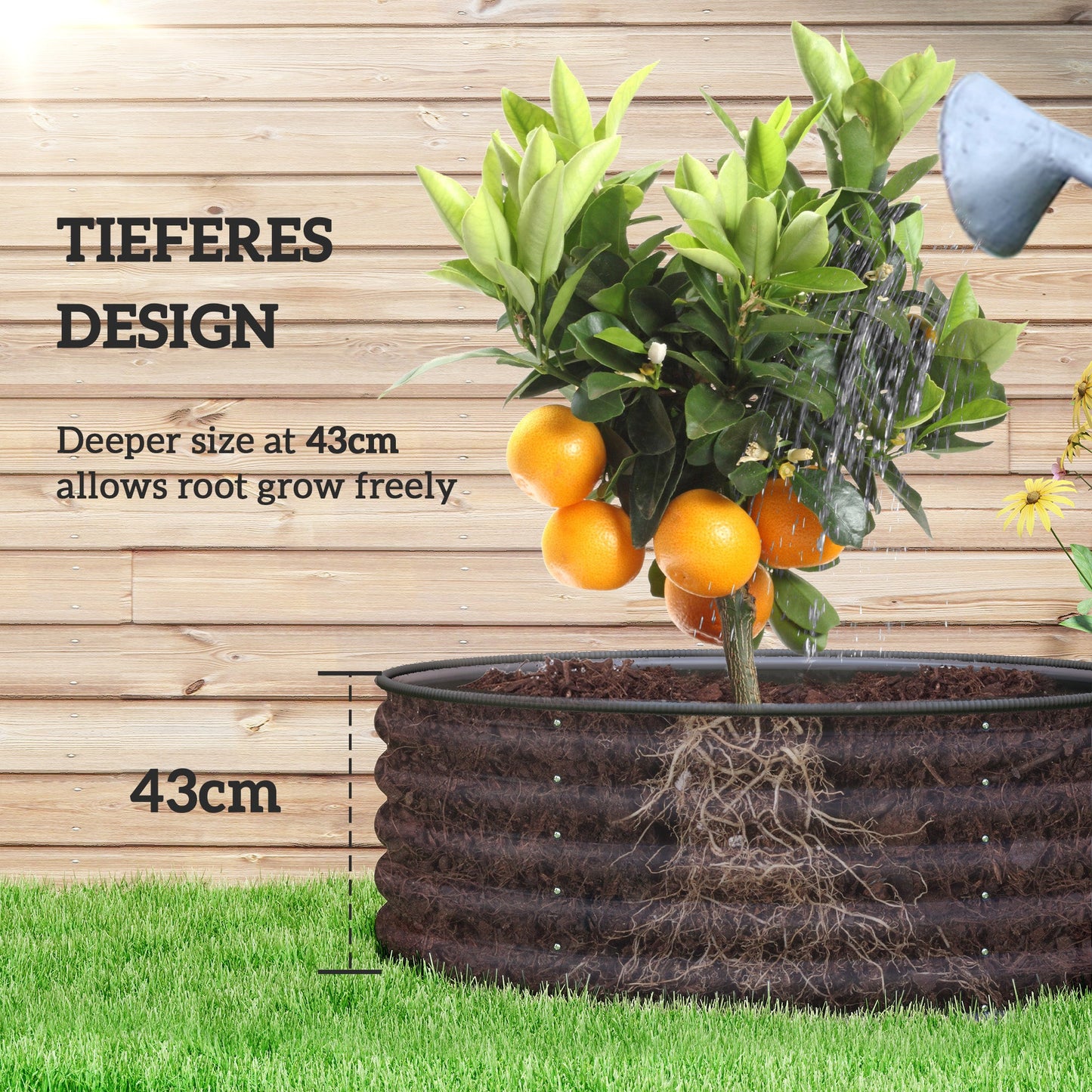 Galvanised Raised Garden Bed with Safety Edging, Outdoor Raised Planter Box with Gloves and Open Bottom, Metal Raised Bed for Flowers, Vegetables and Herbs, 120 x 120 x 43cm, Dark Grey