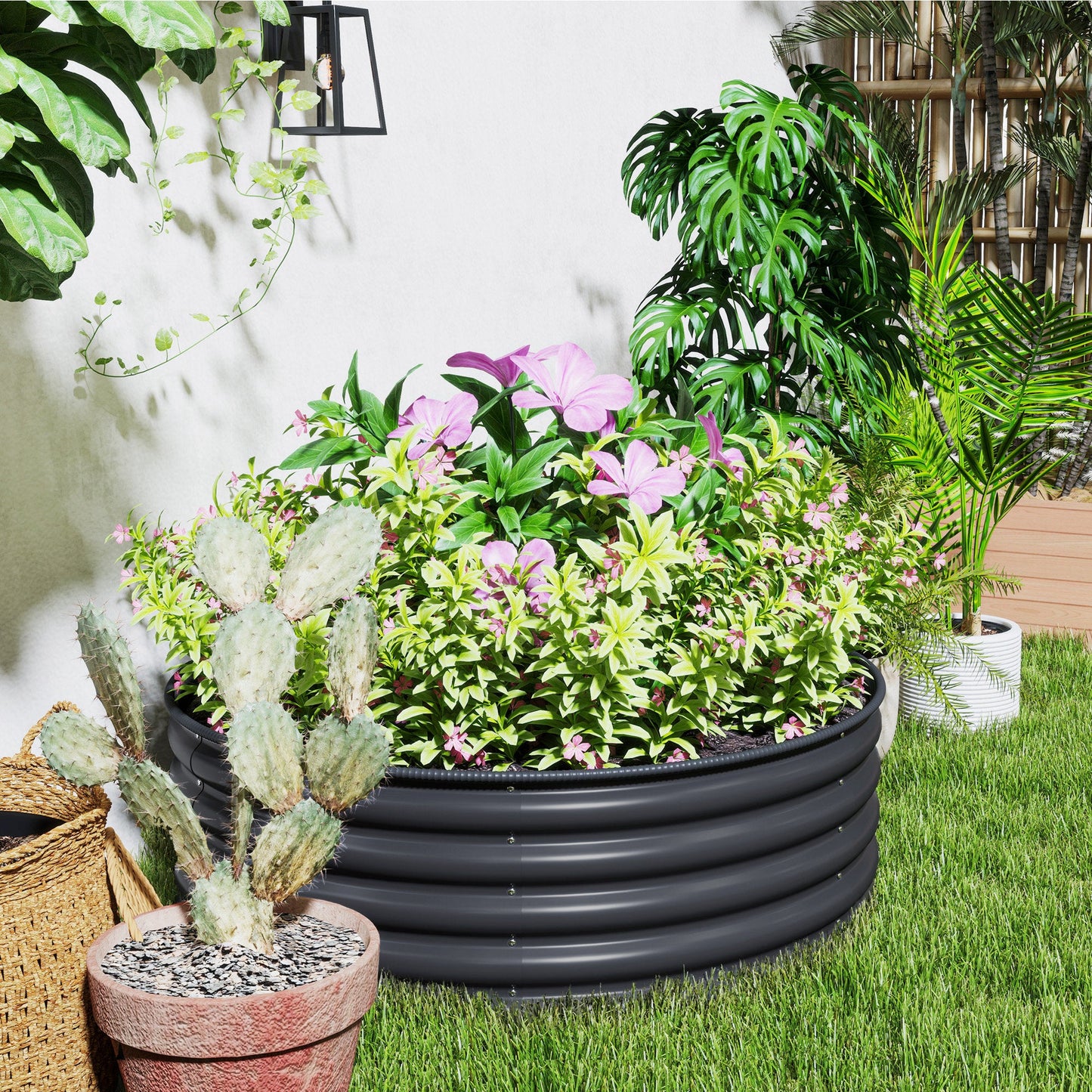 Galvanised Raised Garden Bed with Safety Edging, Outdoor Raised Planter Box with Gloves and Open Bottom, Metal Raised Bed for Flowers, Vegetables and Herbs, 120 x 120 x 43cm, Dark Grey