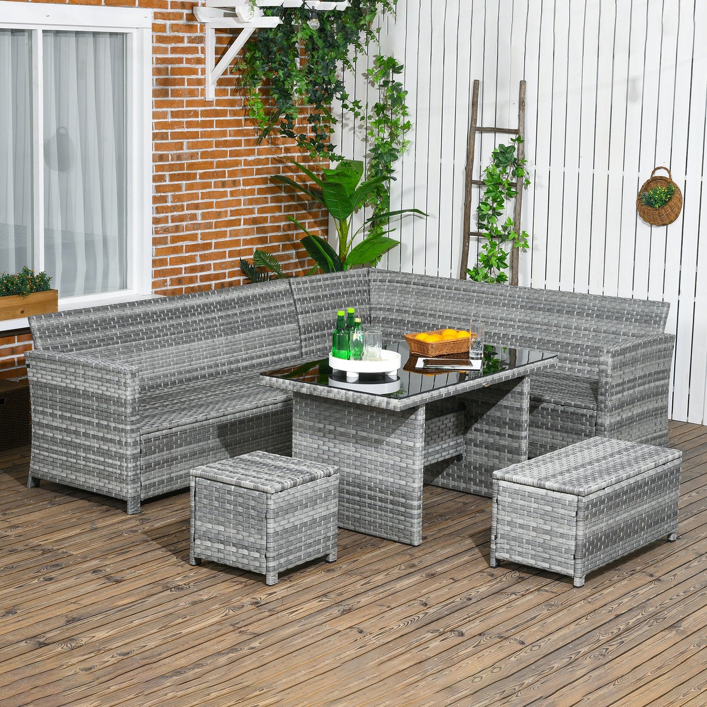 5 Pieces PE Rattan Garden Furniture Set with Corner Sofa, Patio Sofa Set with Glass Table, Stools, Cushions, for Poolside, Mixed Grey