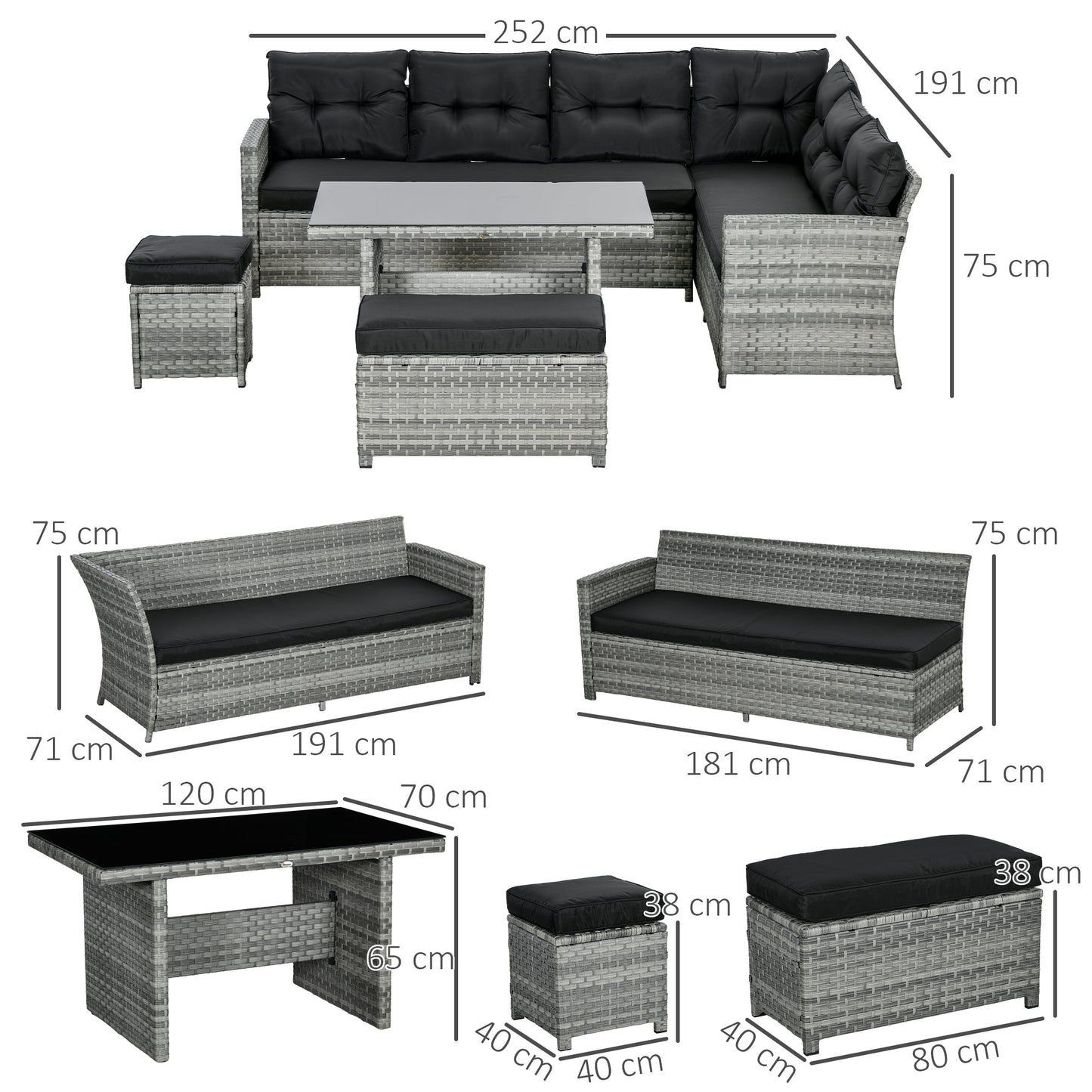 5 Pieces PE Rattan Garden Furniture Set with Corner Sofa, Patio Sofa Set with Glass Table, Stools, Cushions, for Poolside, Mixed Grey