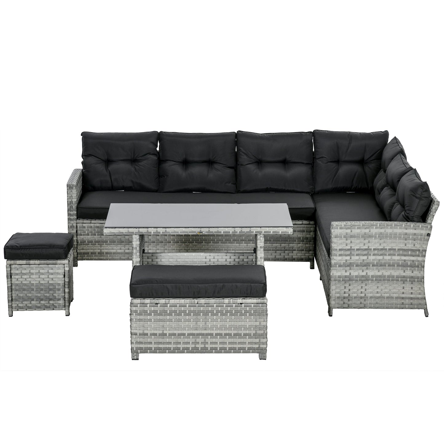 5 Pieces PE Rattan Garden Furniture Set with Corner Sofa, Patio Sofa Set with Glass Table, Stools, Cushions, for Poolside, Mixed Grey