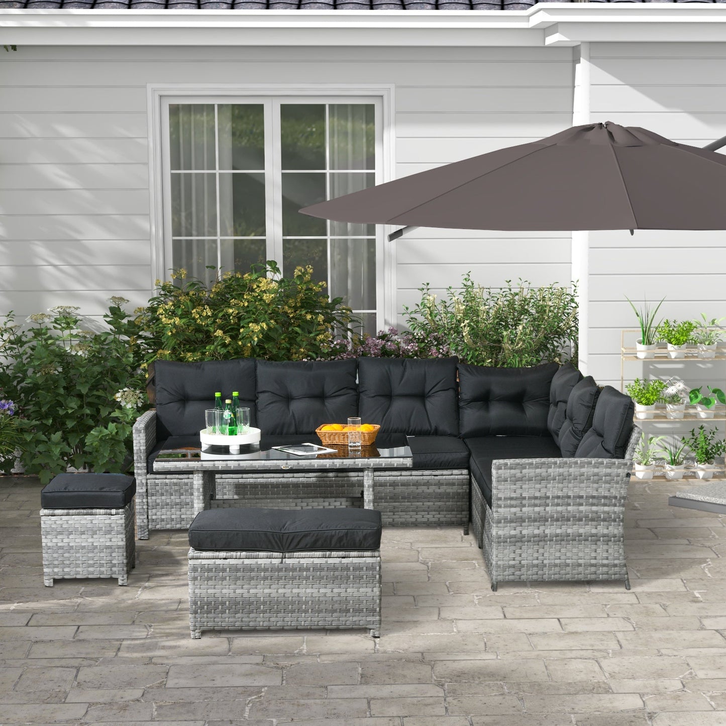 5 Pieces PE Rattan Garden Furniture Set with Corner Sofa, Patio Sofa Set with Glass Table, Stools, Cushions, for Poolside, Mixed Grey