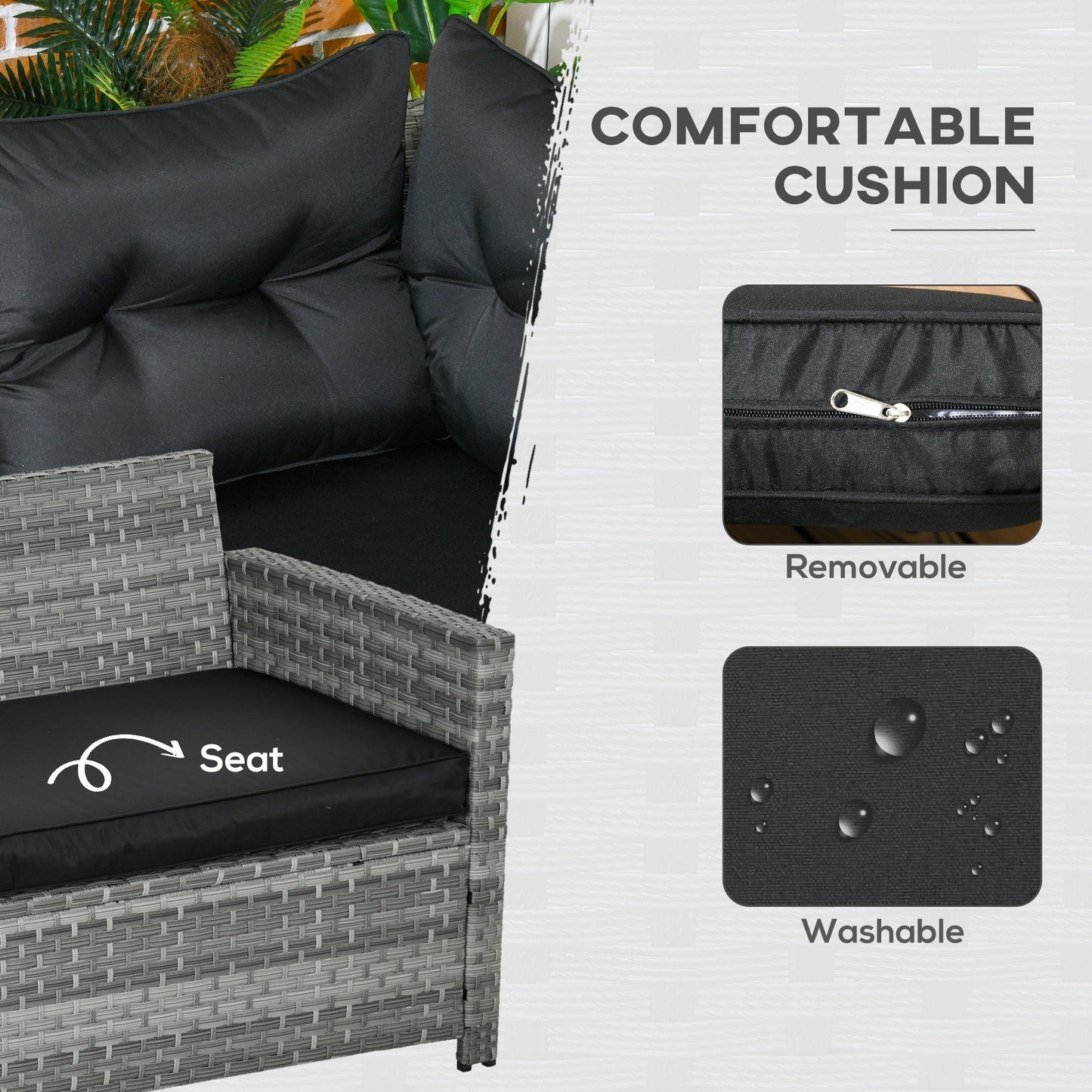 5 Pieces PE Rattan Garden Furniture Set with Corner Sofa, Patio Sofa Set with Glass Table, Stools, Cushions, for Poolside, Mixed Grey