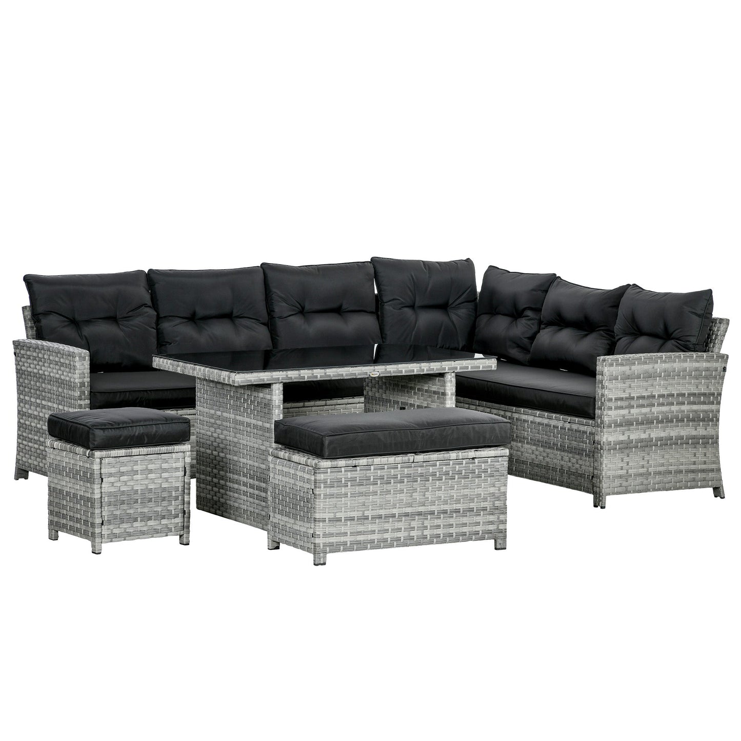 5 Pieces PE Rattan Garden Furniture Set with Corner Sofa, Patio Sofa Set with Glass Table, Stools, Cushions, for Poolside, Mixed Grey