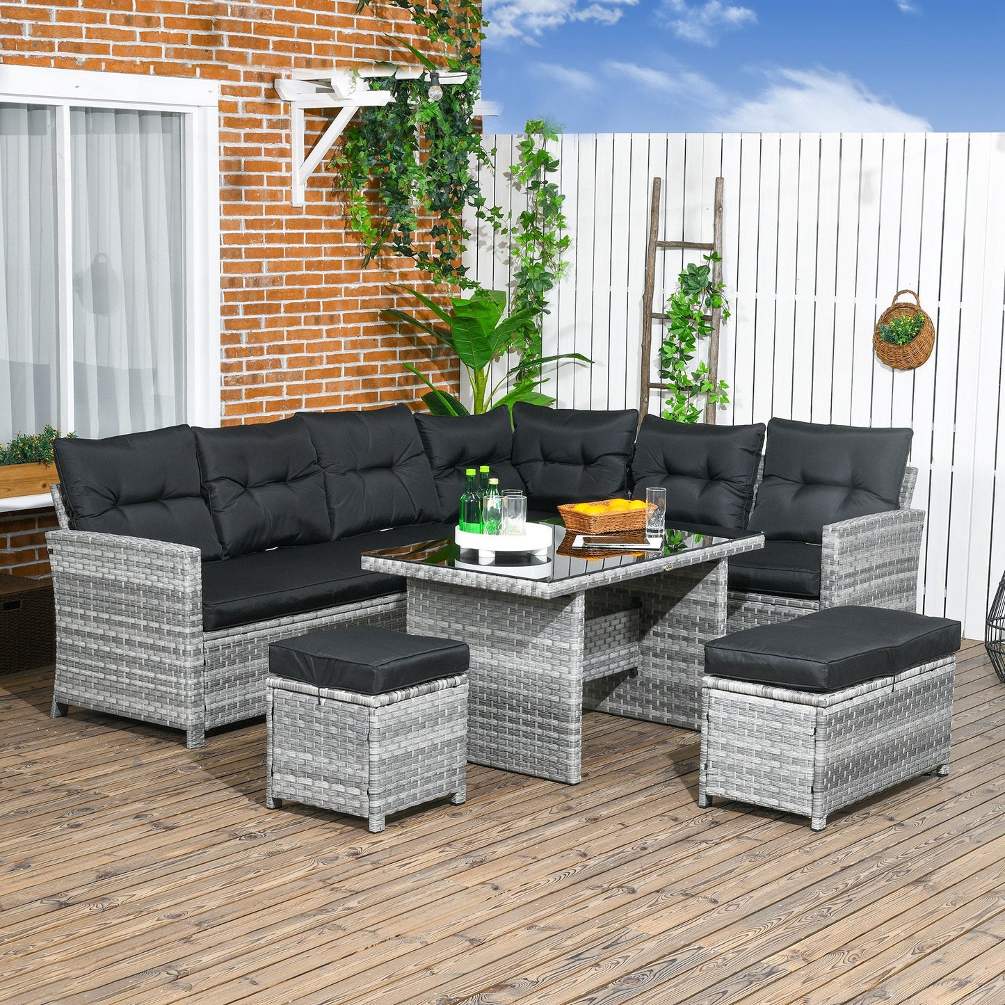 5 Pieces PE Rattan Garden Furniture Set with Corner Sofa, Patio Sofa Set with Glass Table, Stools, Cushions, for Poolside, Mixed Grey