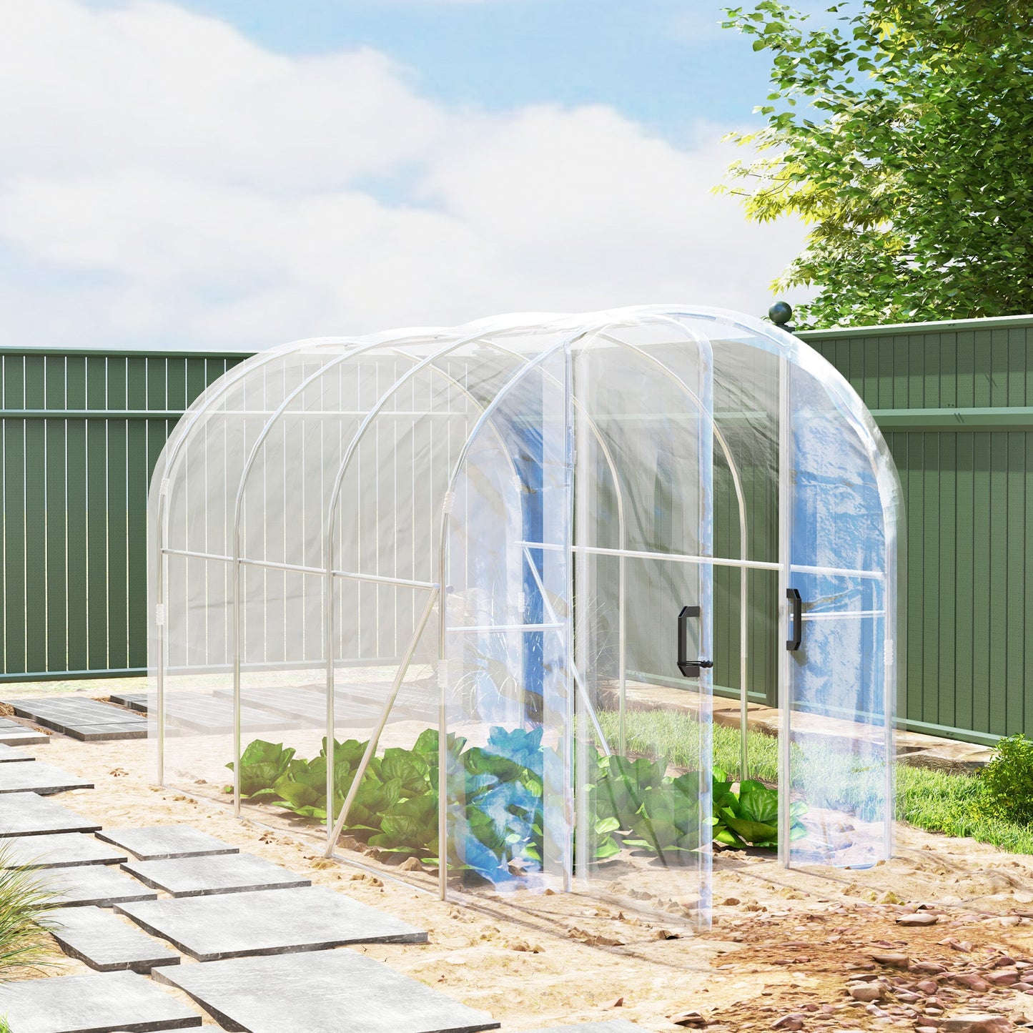 3 x 2 x 2m Polytunnel Greenhouse with 2 Hinged Door, Walk-in Grow House Tent with PE Cover and Galvanised Steel Frame, Clear