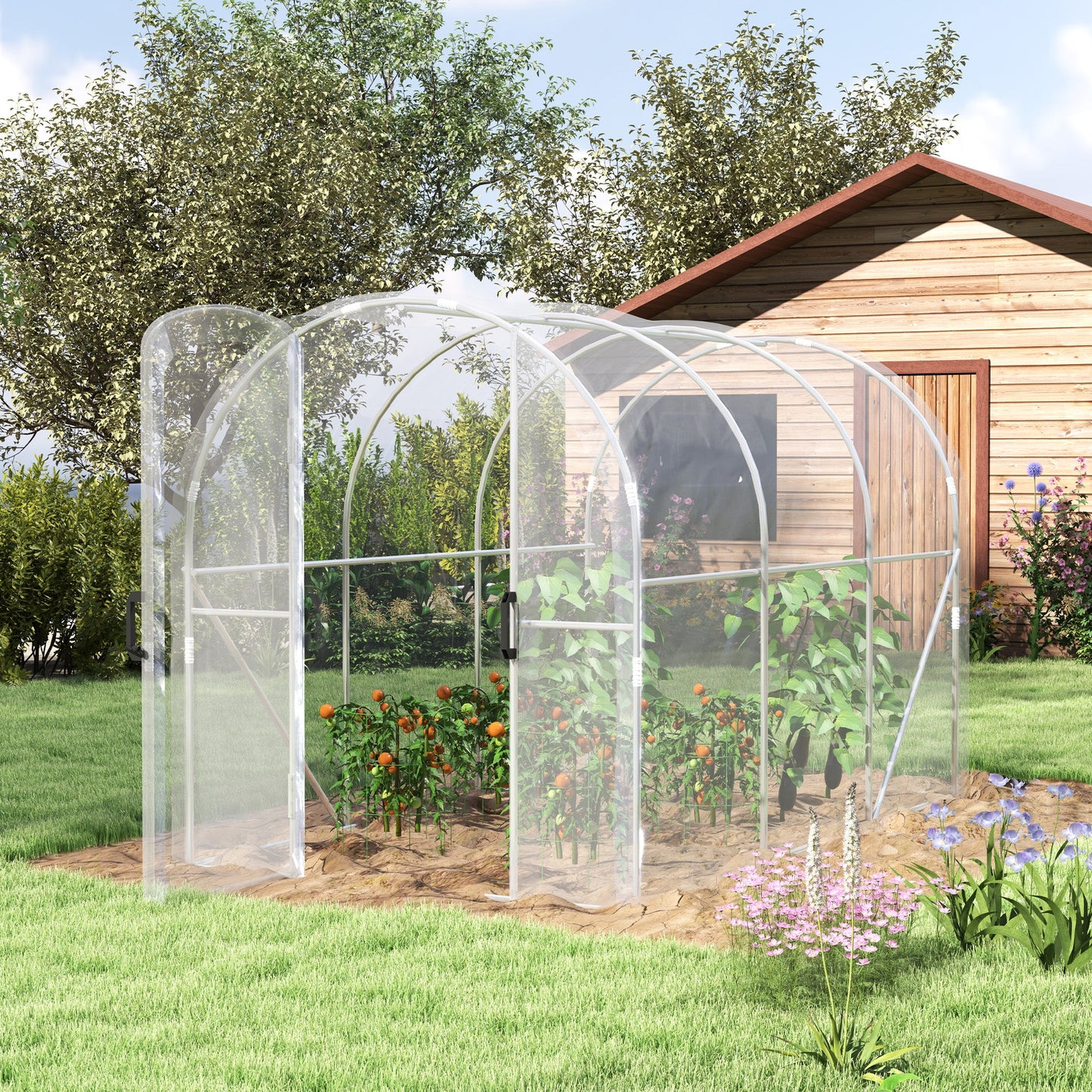 3 x 2 x 2m Polytunnel Greenhouse with 2 Hinged Door, Walk-in Grow House Tent with PE Cover and Galvanised Steel Frame, Clear