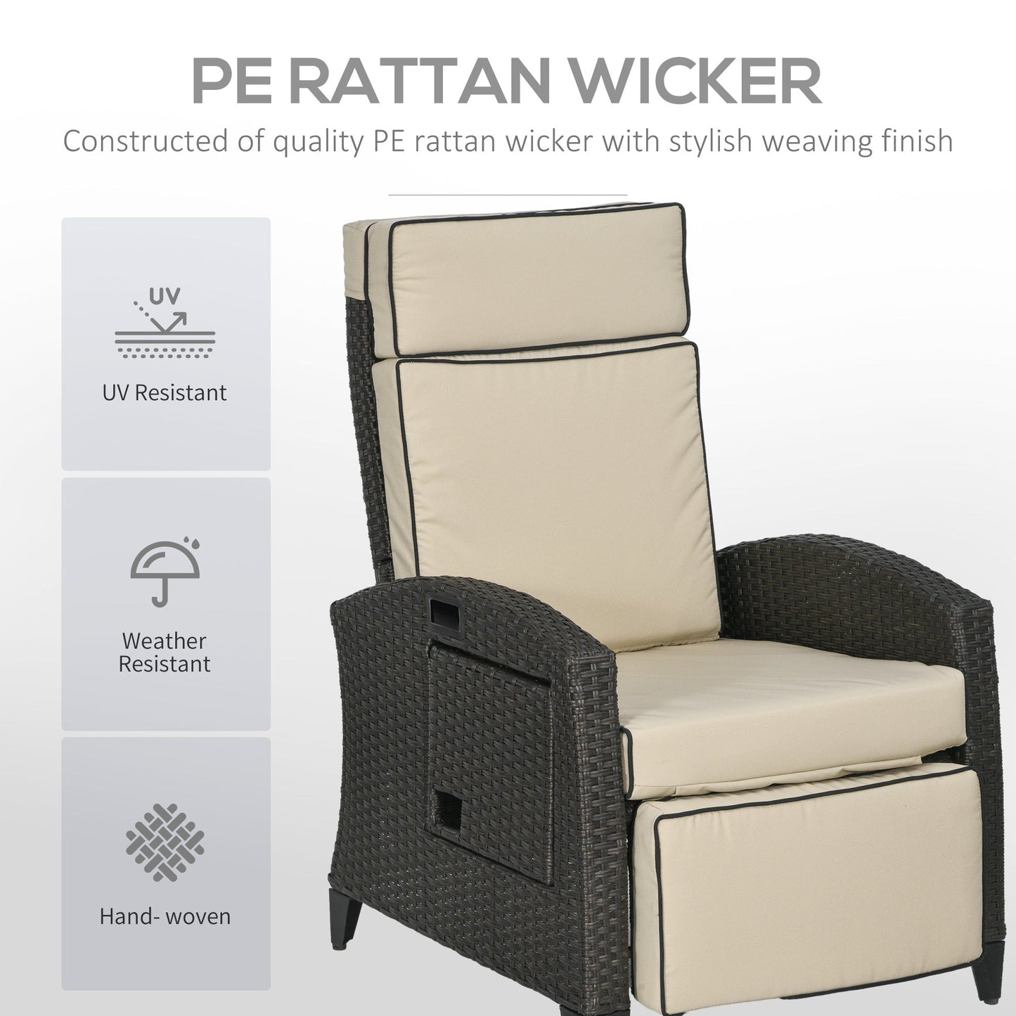Garden Recliner with Cushion, PE Wicker Outdoor Recliner Chair with Adjustable Backrest & Footrest, Rattan Recliner Chair with Armrests and Side Tray for Balcony, Porch, Khaki/Brown