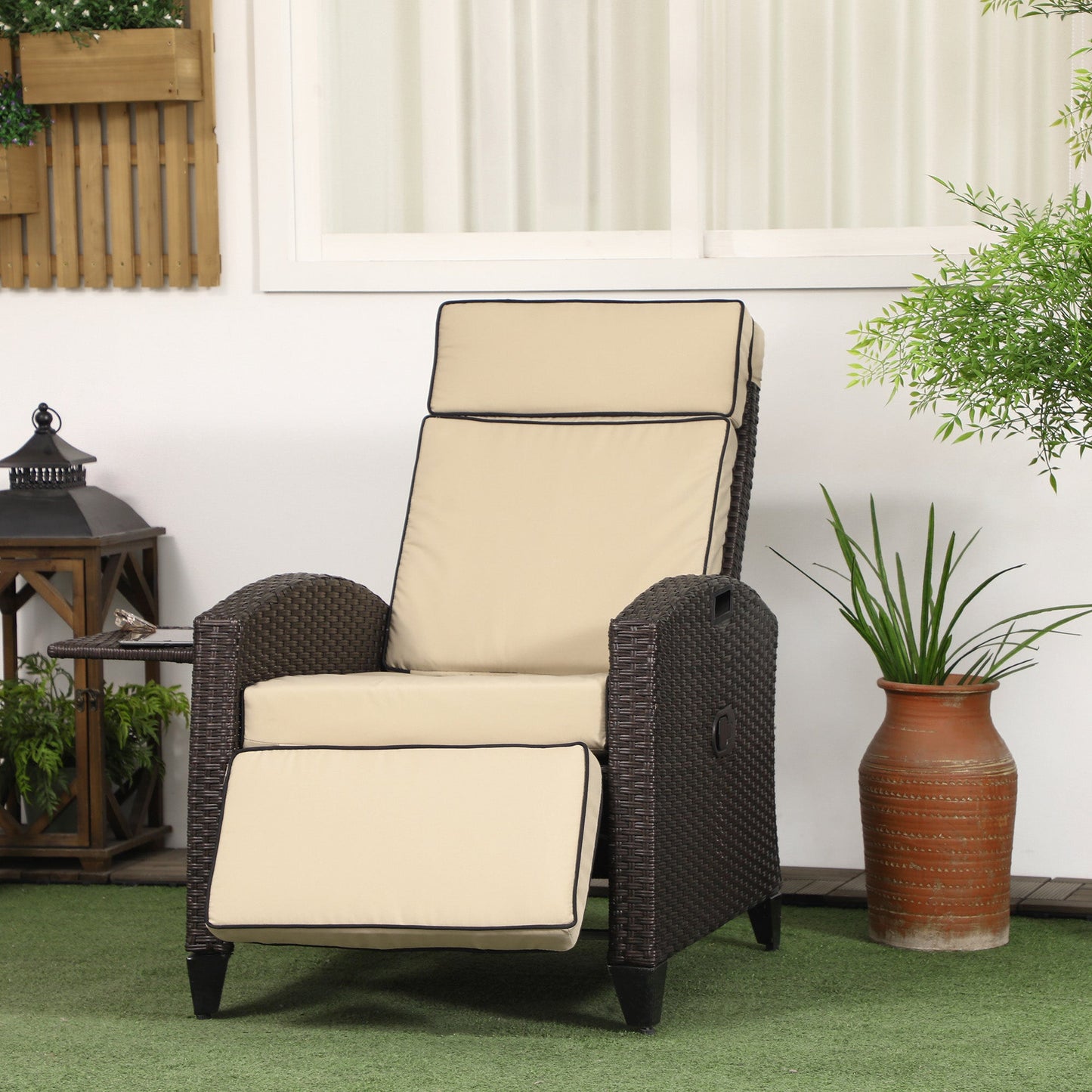 Garden Recliner with Cushion, PE Wicker Outdoor Recliner Chair with Adjustable Backrest & Footrest, Rattan Recliner Chair with Armrests and Side Tray for Balcony, Porch, Khaki/Brown