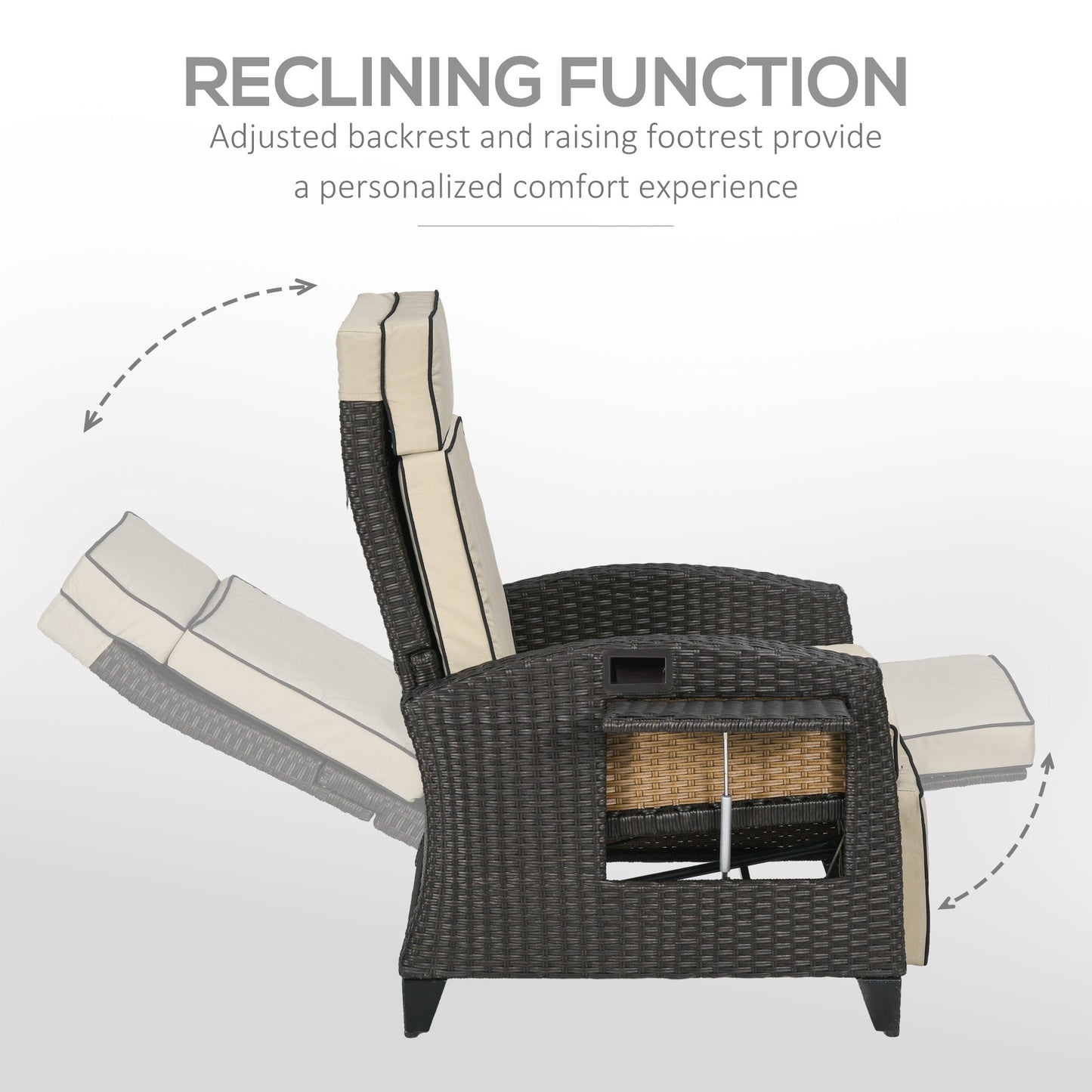 Garden Recliner with Cushion, PE Wicker Outdoor Recliner Chair with Adjustable Backrest & Footrest, Rattan Recliner Chair with Armrests and Side Tray for Balcony, Porch, Khaki/Brown