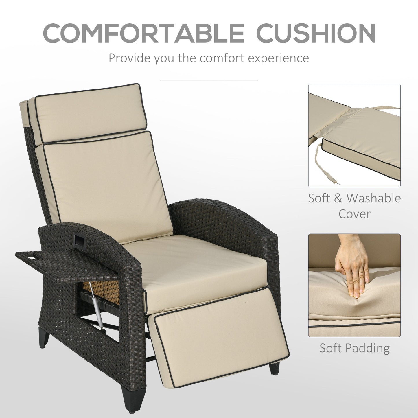 Garden Recliner with Cushion, PE Wicker Outdoor Recliner Chair with Adjustable Backrest & Footrest, Rattan Recliner Chair with Armrests and Side Tray for Balcony, Porch, Khaki/Brown