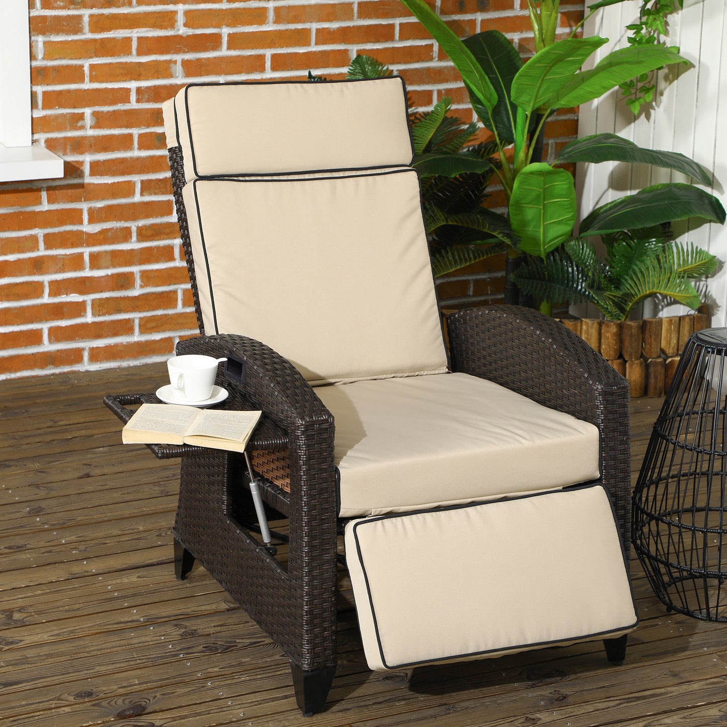Garden Recliner with Cushion, PE Wicker Outdoor Recliner Chair with Adjustable Backrest & Footrest, Rattan Recliner Chair with Armrests and Side Tray for Balcony, Porch, Khaki/Brown