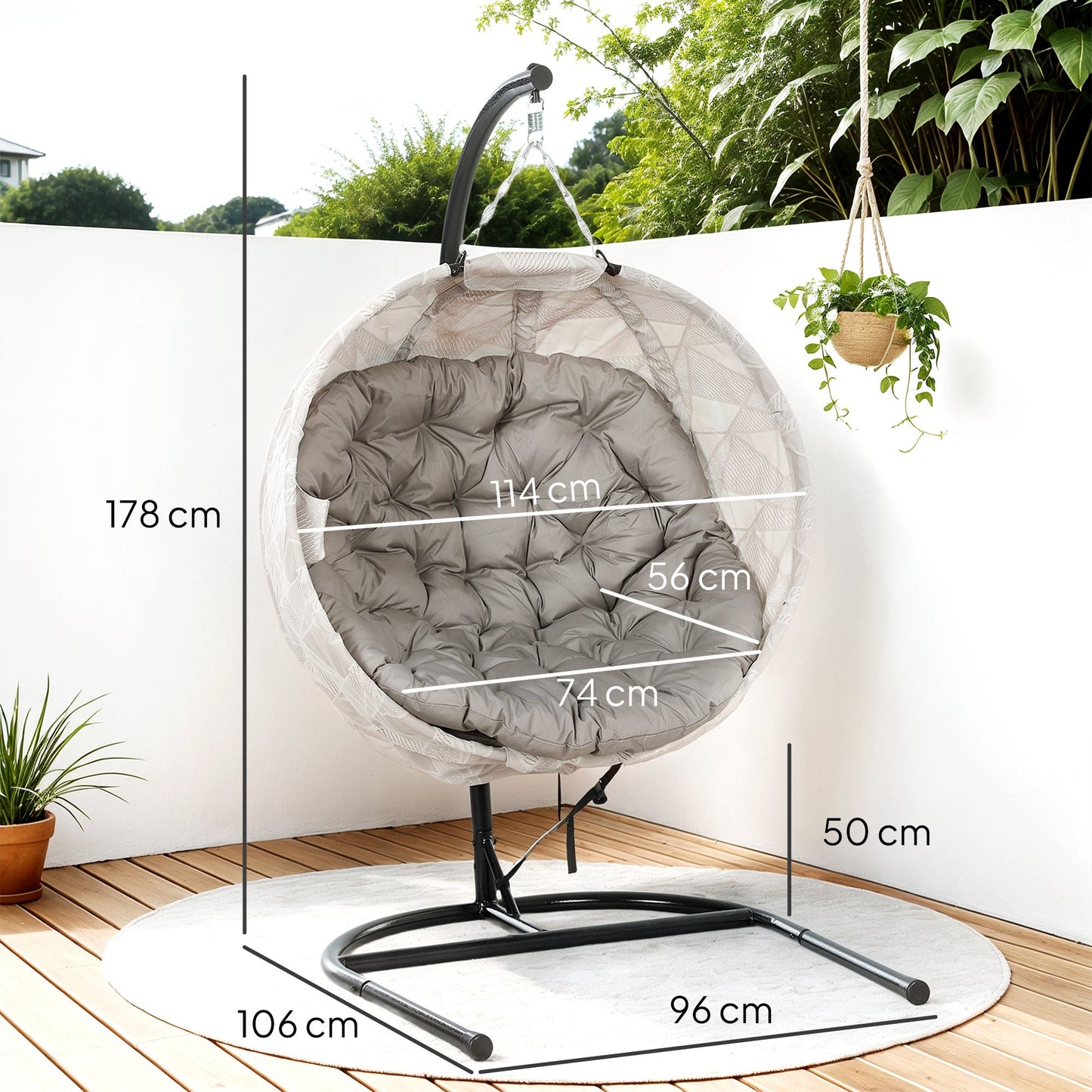 Hanging Egg Chair Outdoor Indoor Garden Swing Chair with Folding Basket, Garden Hanging Chair with Stand, Thickened Cushion, Cup Holder for Patio, Balcony, Sand Brown