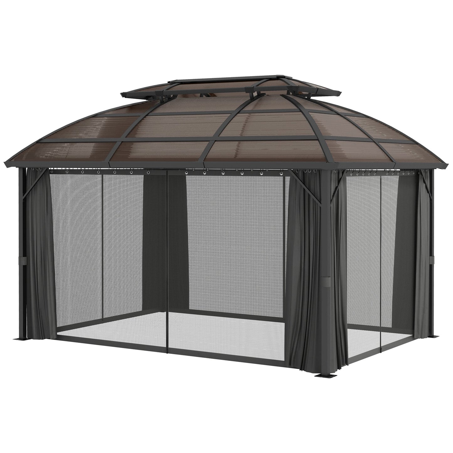 4 x 3(m) Polycarbonate Gazebo Outdoor, Hardtop Garden Patio Gazebo with Curtains, Nettings, Double Roof, Aluminium Frame for Lawn, Yard, Patio, Deck, Brown