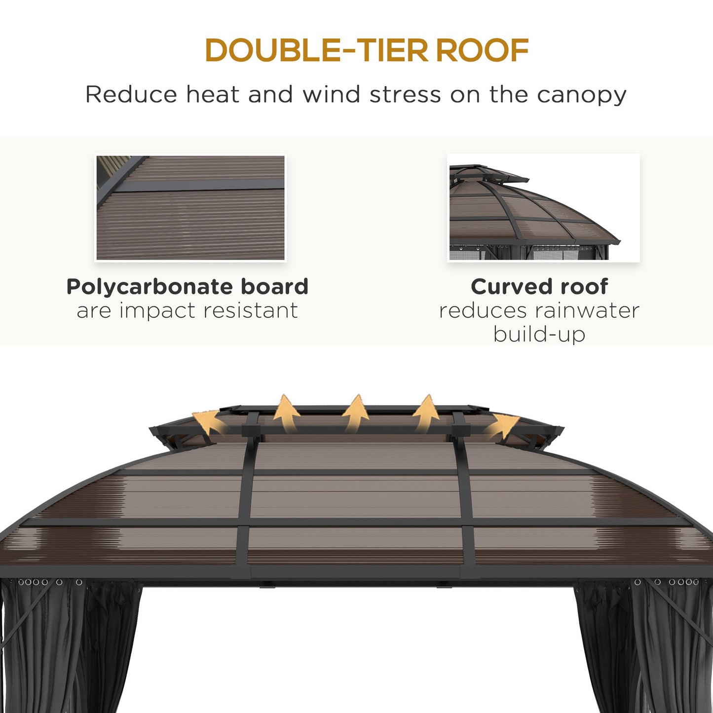 4 x 3(m) Polycarbonate Gazebo Outdoor, Hardtop Garden Patio Gazebo with Curtains, Nettings, Double Roof, Aluminium Frame for Lawn, Yard, Patio, Deck, Brown