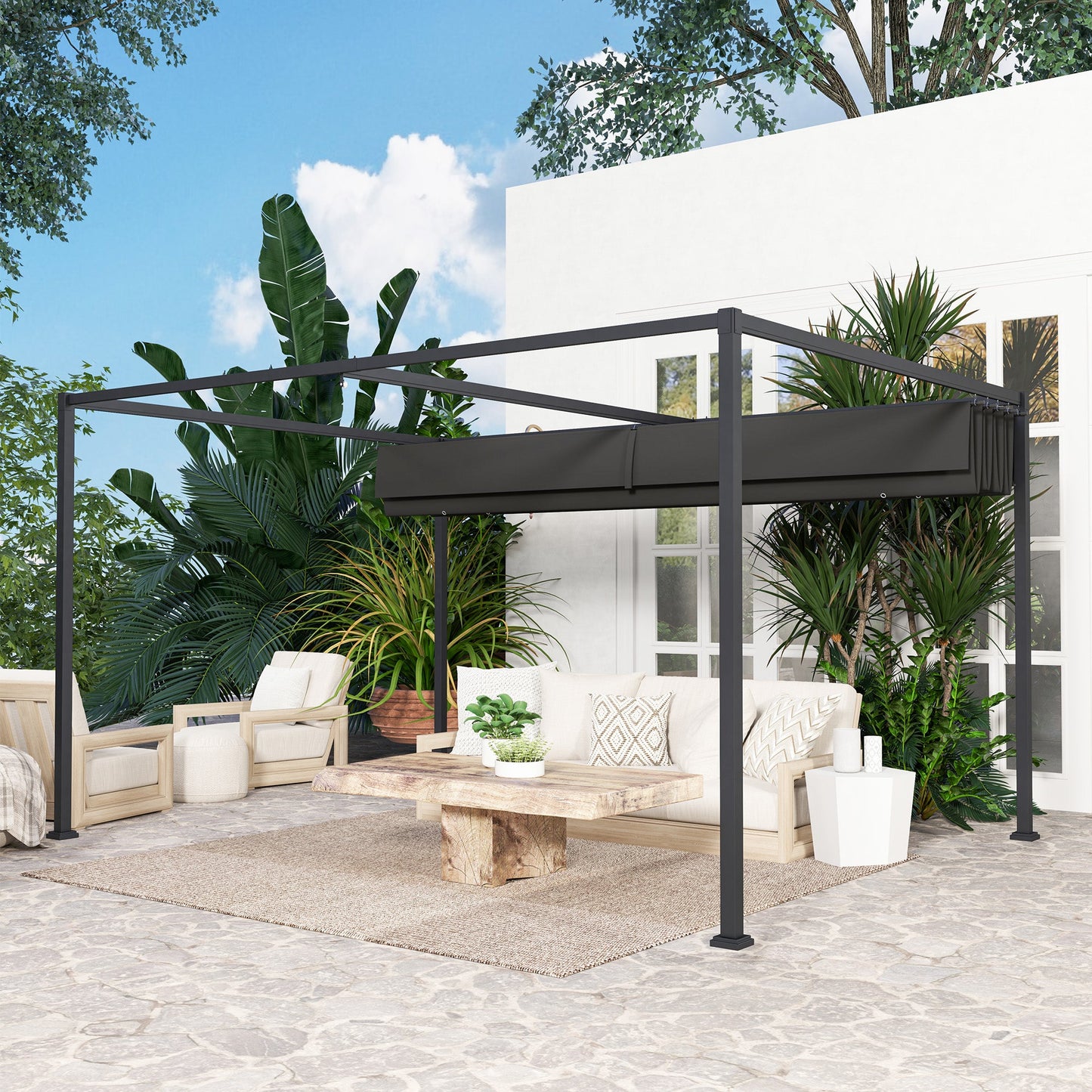 4 x 3(m) Metal Outdoor Pergola with Retractable Roof, Outdoor Gazebo Canopy Shelter with Drainage Holes for Garden, Patio, Lawn, Black