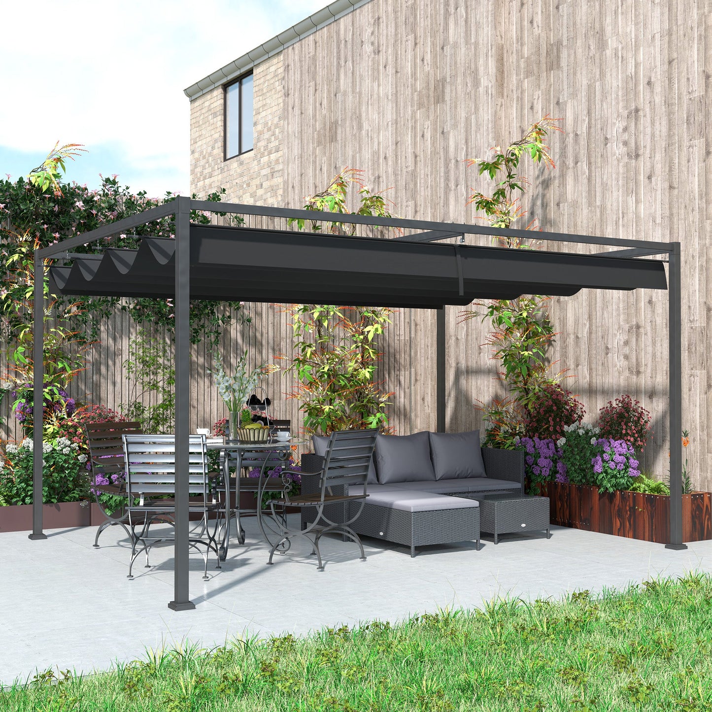 4 x 3(m) Metal Outdoor Pergola with Retractable Roof, Outdoor Gazebo Canopy Shelter with Drainage Holes for Garden, Patio, Lawn, Black