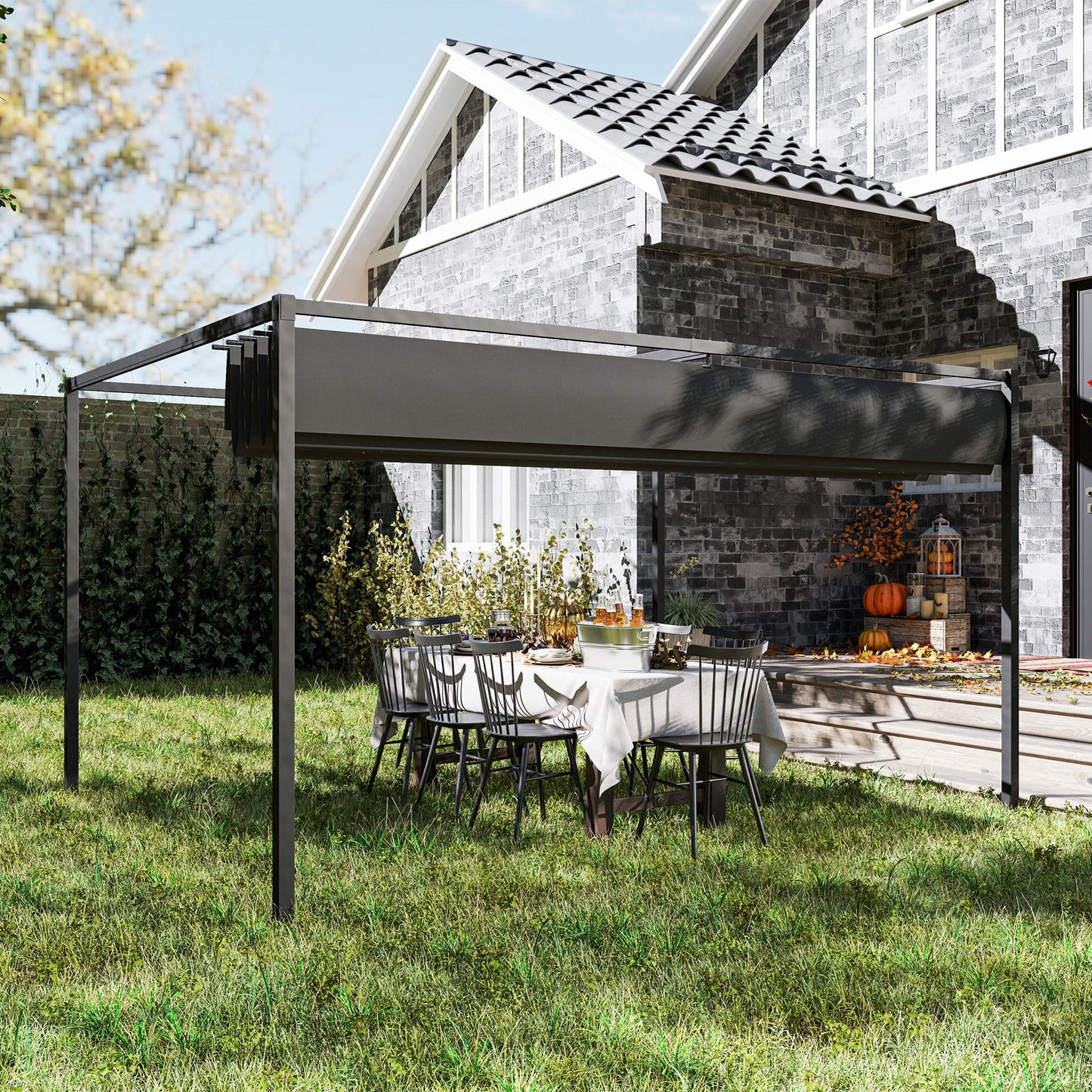 4 x 3(m) Metal Outdoor Pergola with Retractable Roof, Outdoor Gazebo Canopy Shelter with Drainage Holes for Garden, Patio, Lawn, Black