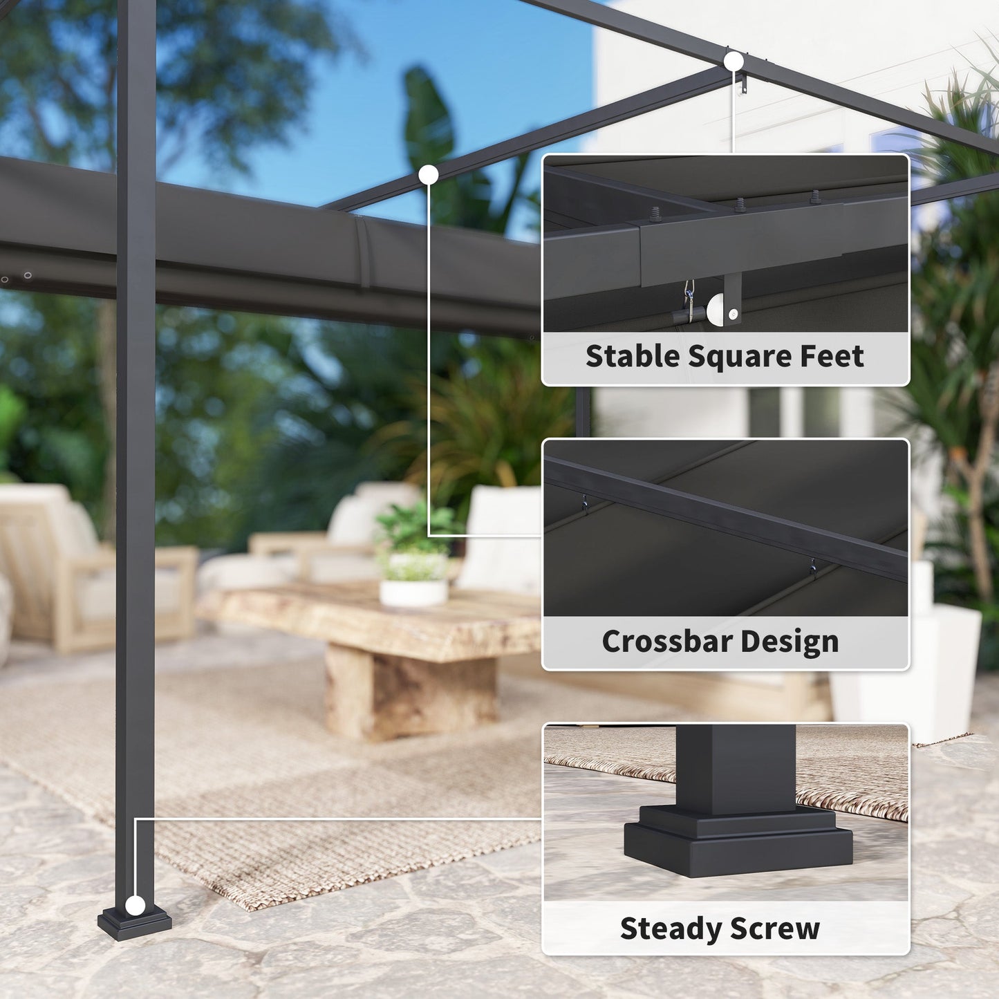 4 x 3(m) Metal Outdoor Pergola with Retractable Roof, Outdoor Gazebo Canopy Shelter with Drainage Holes for Garden, Patio, Lawn, Black