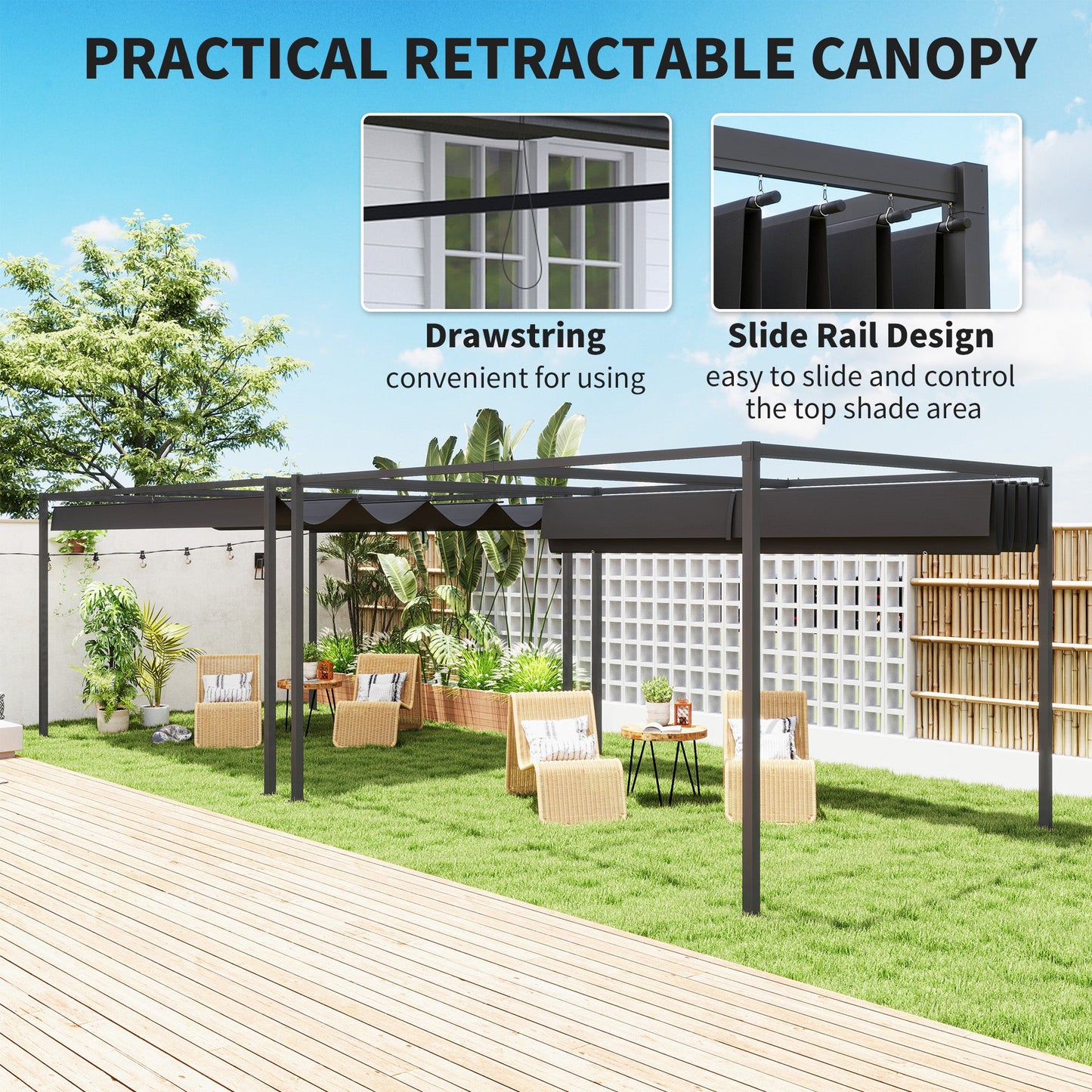 4 x 3(m) Metal Outdoor Pergola with Retractable Roof, Outdoor Gazebo Canopy Shelter with Drainage Holes for Garden, Patio, Lawn, Black