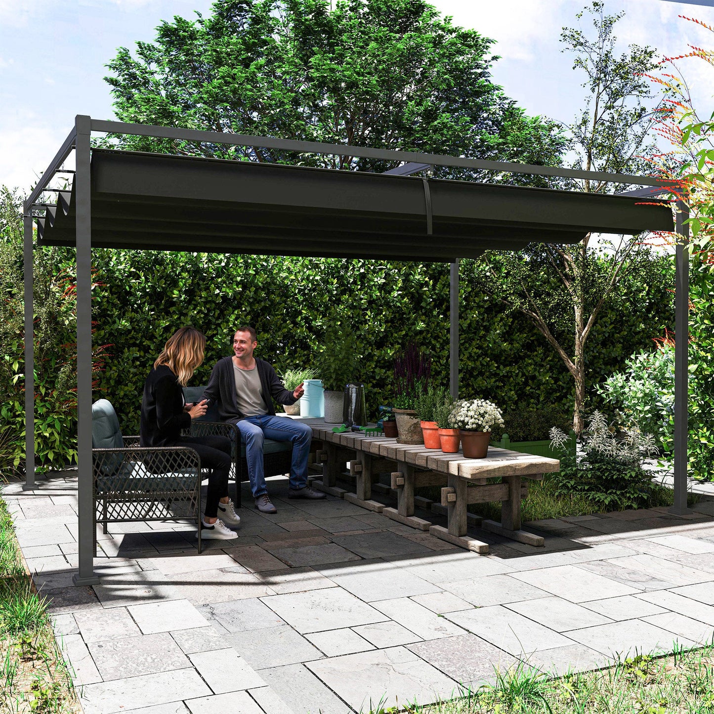 4 x 3(m) Metal Outdoor Pergola with Retractable Roof, Outdoor Gazebo Canopy Shelter with Drainage Holes for Garden, Patio, Lawn, Black