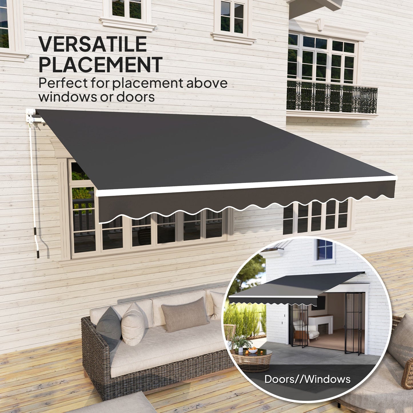 3 x 2.5m Garden Patio Manual Awning, Retractable Canopy Sun Shade Shelter with Fittings and Crank Handle, Black