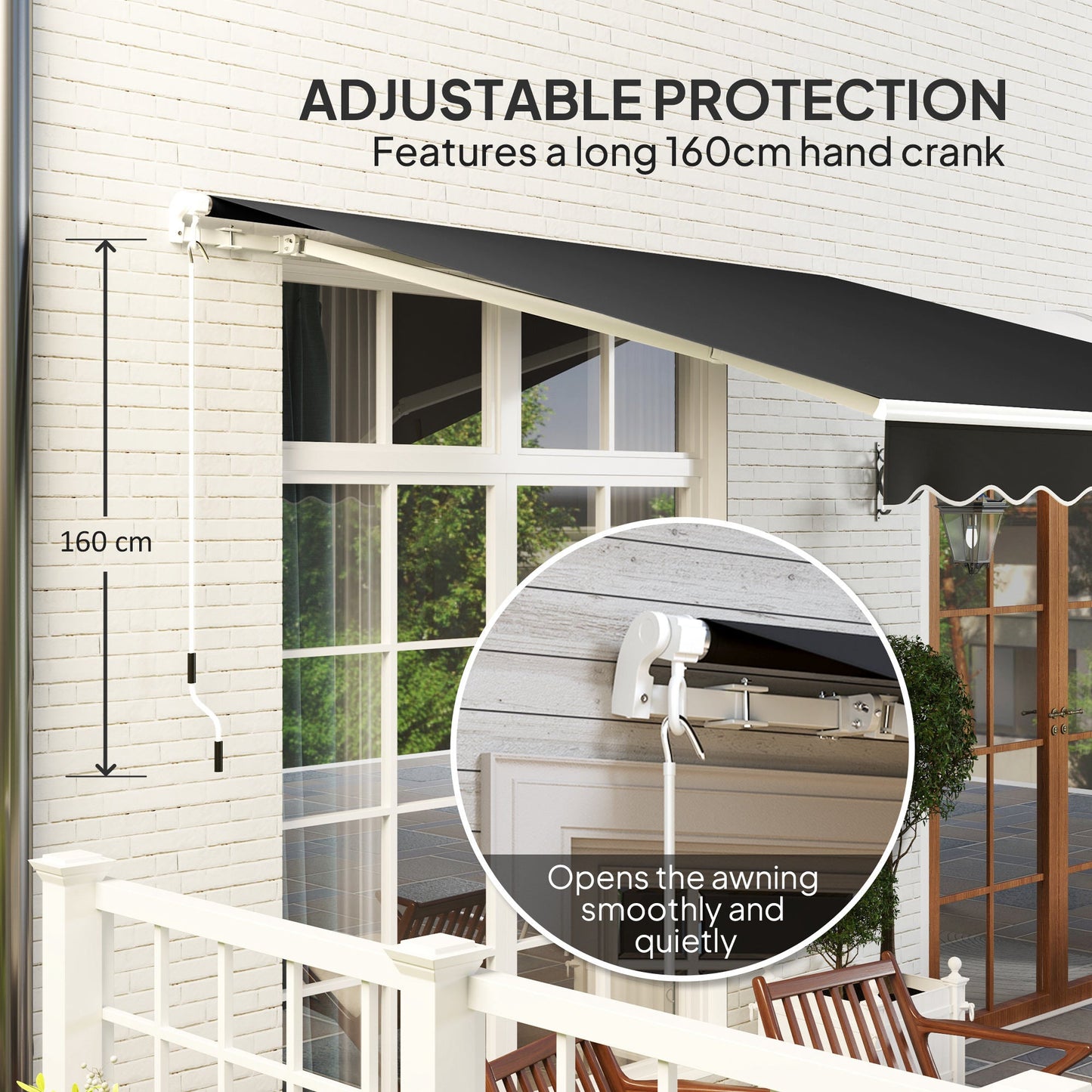 3 x 2.5m Garden Patio Manual Awning, Retractable Canopy Sun Shade Shelter with Fittings and Crank Handle, Black