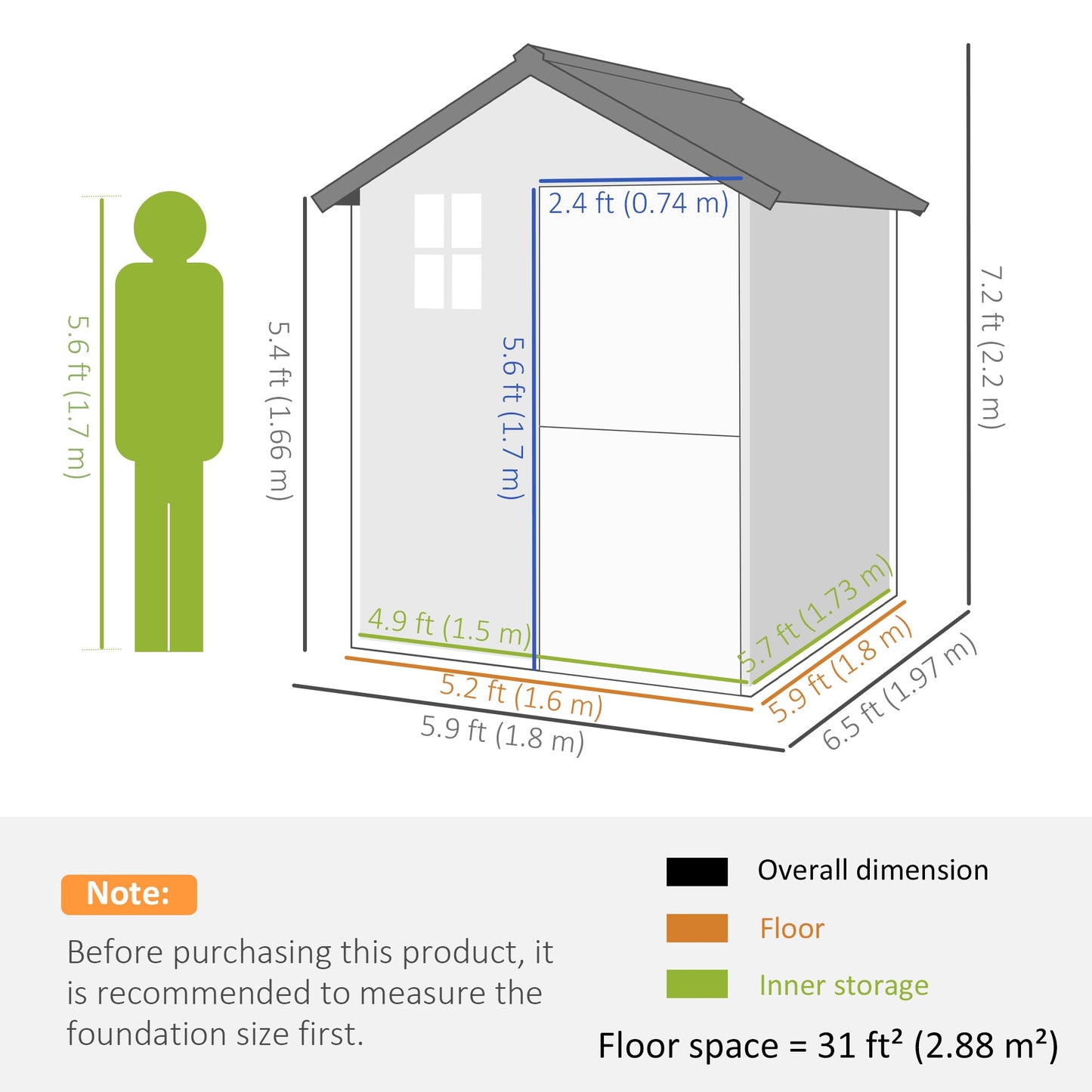 6 x 6.5FT Wooden Garden Shed, Floor Included Outdoor Storage Shed with Waterproof Apex Roof and Clear Window, Grey