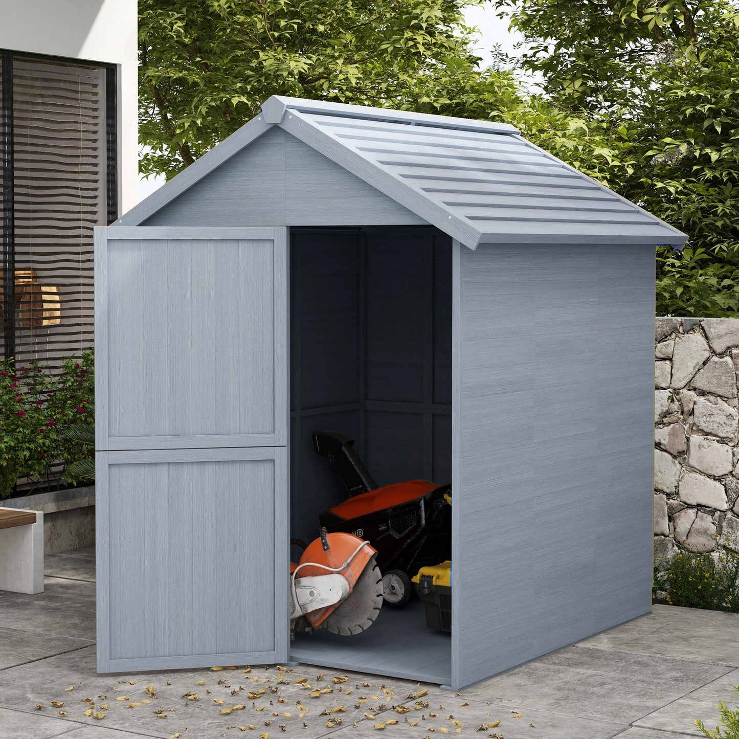 6 x 6.5FT Wooden Garden Shed, Floor Included Outdoor Storage Shed with Waterproof Apex Roof and Clear Window, Grey