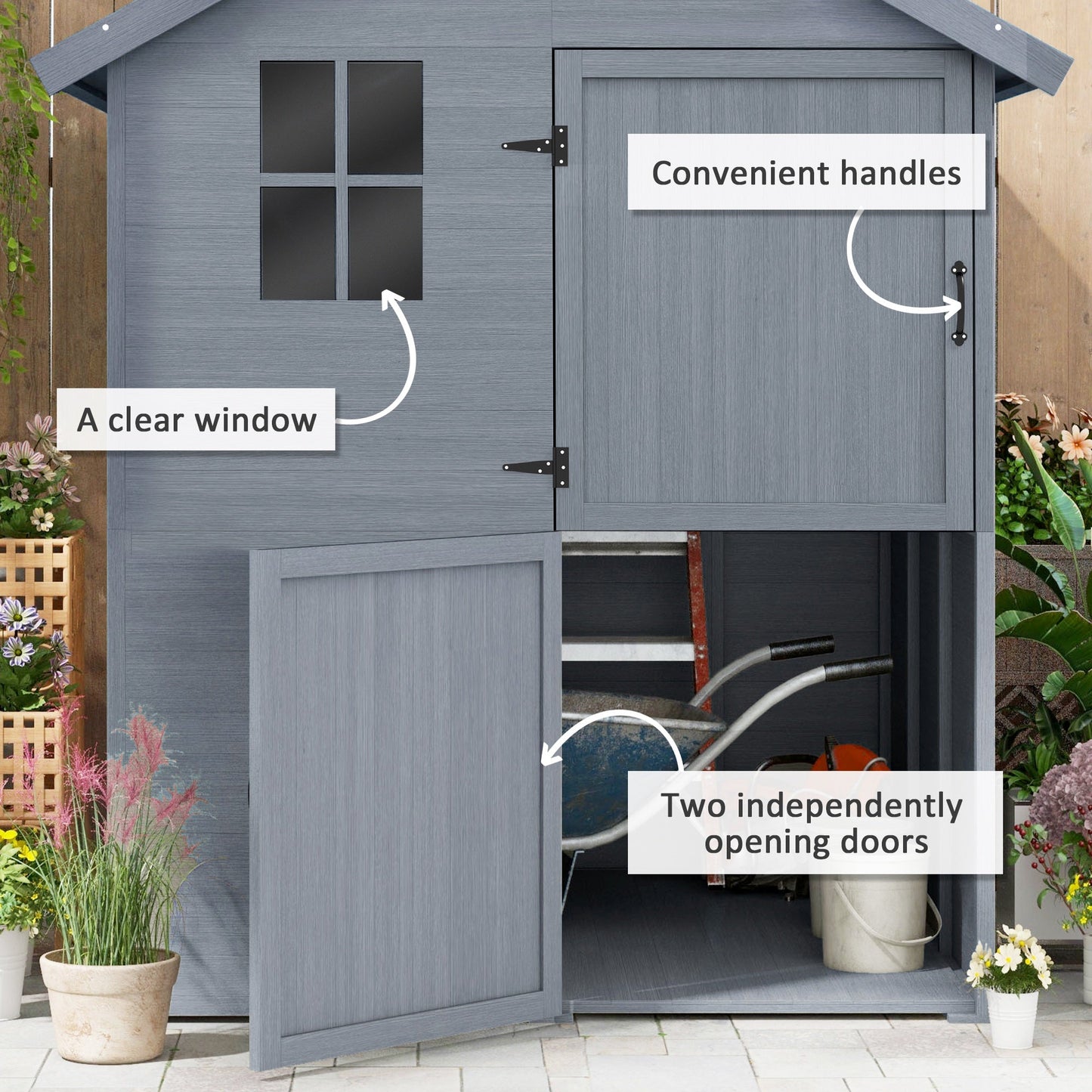 6 x 6.5FT Wooden Garden Shed, Floor Included Outdoor Storage Shed with Waterproof Apex Roof and Clear Window, Grey
