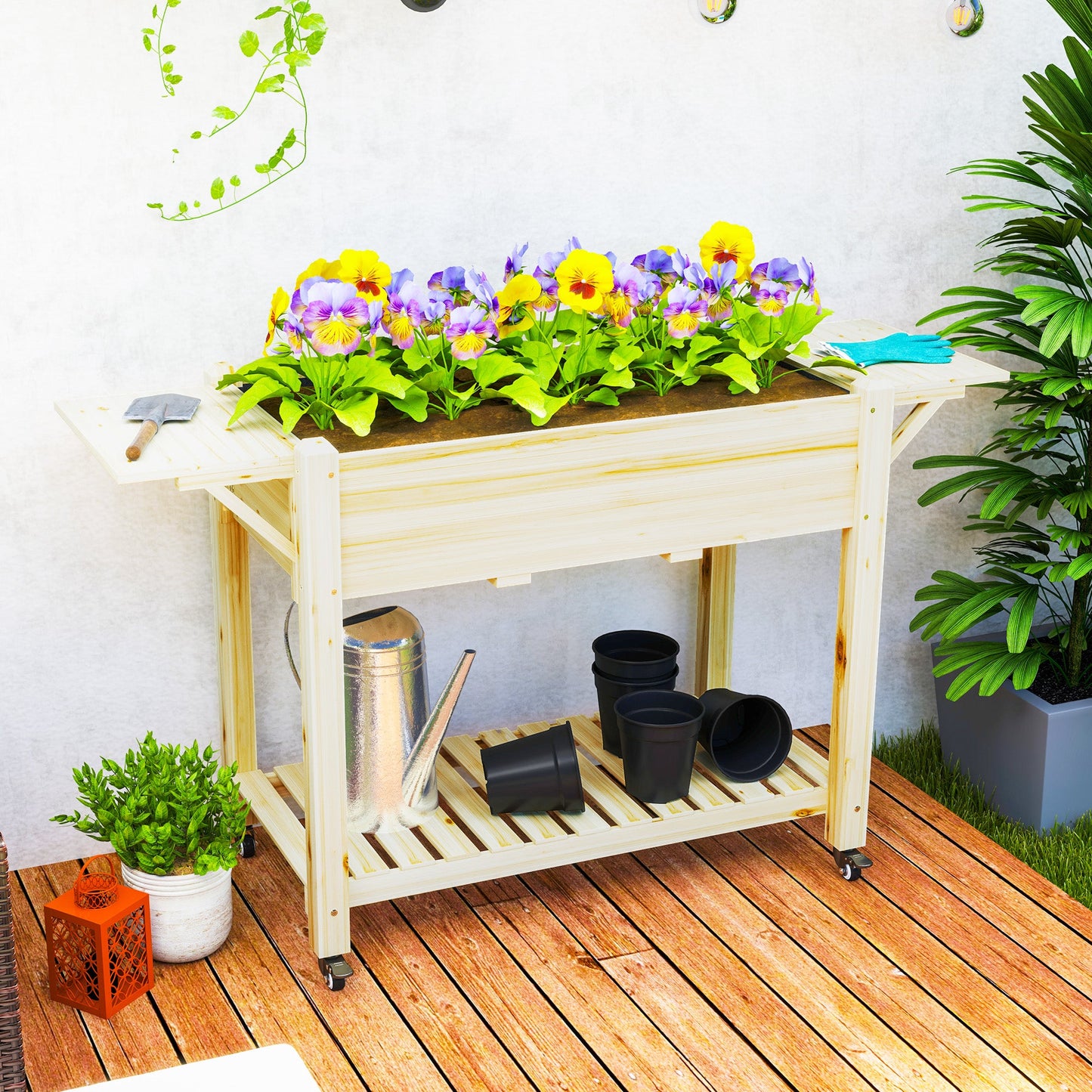 Raised Garden Bed, Wooden Elevated Planter Box with Lockable Wheels, Side Tables and Bottom Shelf, Outdoor Planter with Liner and Drainage Holes for Vegetables, Flowers, Fruits, Natural