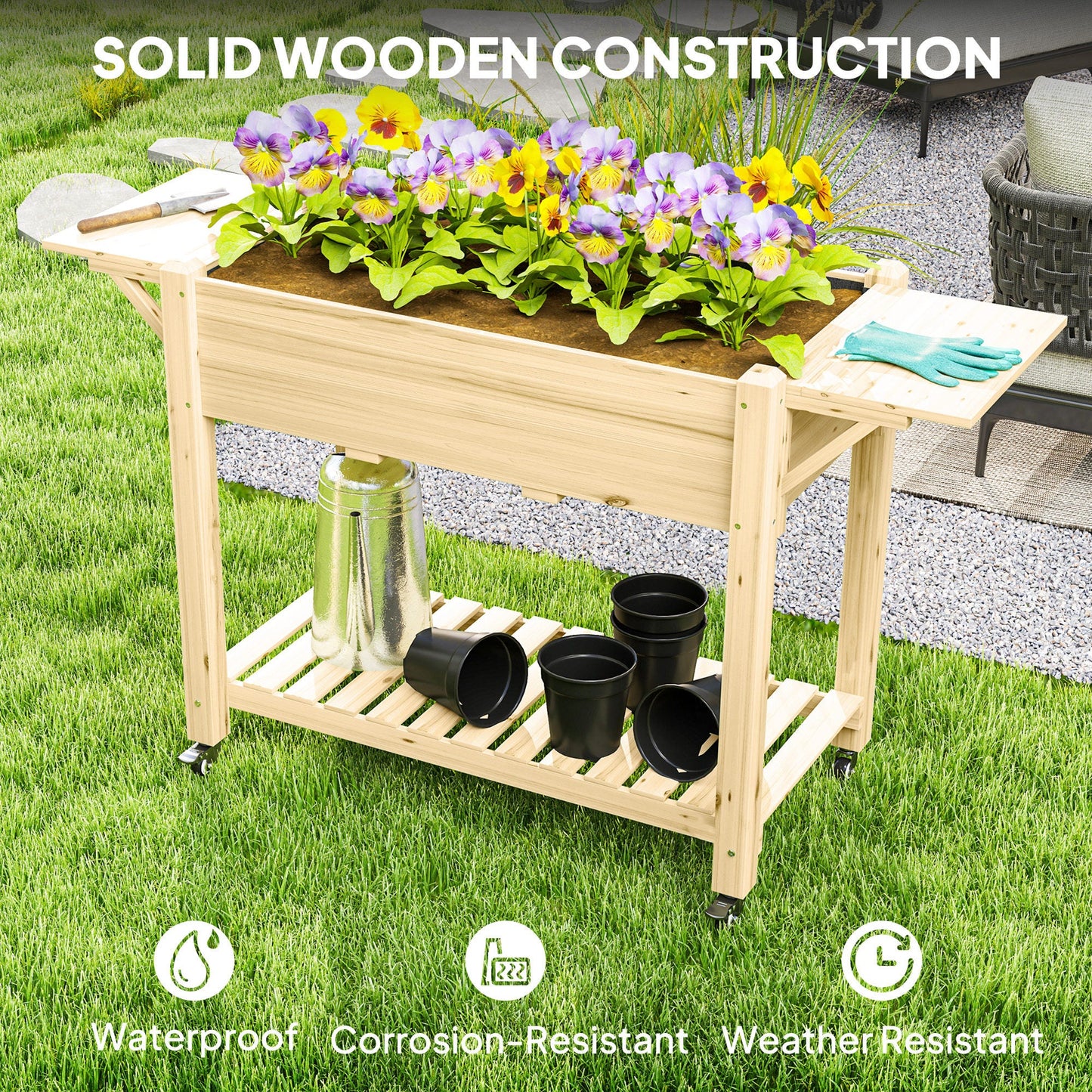 Raised Garden Bed, Wooden Elevated Planter Box with Lockable Wheels, Side Tables and Bottom Shelf, Outdoor Planter with Liner and Drainage Holes for Vegetables, Flowers, Fruits, Natural