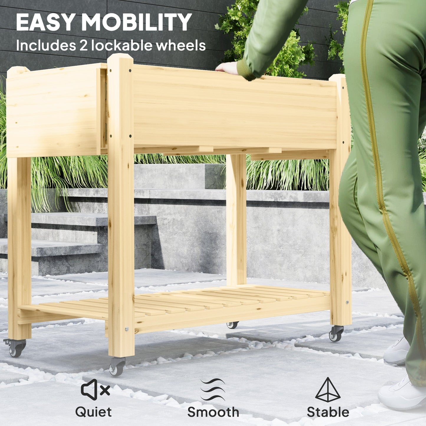 Raised Garden Bed, Wooden Elevated Planter Box with Lockable Wheels, Side Tables and Bottom Shelf, Outdoor Planter with Liner and Drainage Holes for Vegetables, Flowers, Fruits, Natural