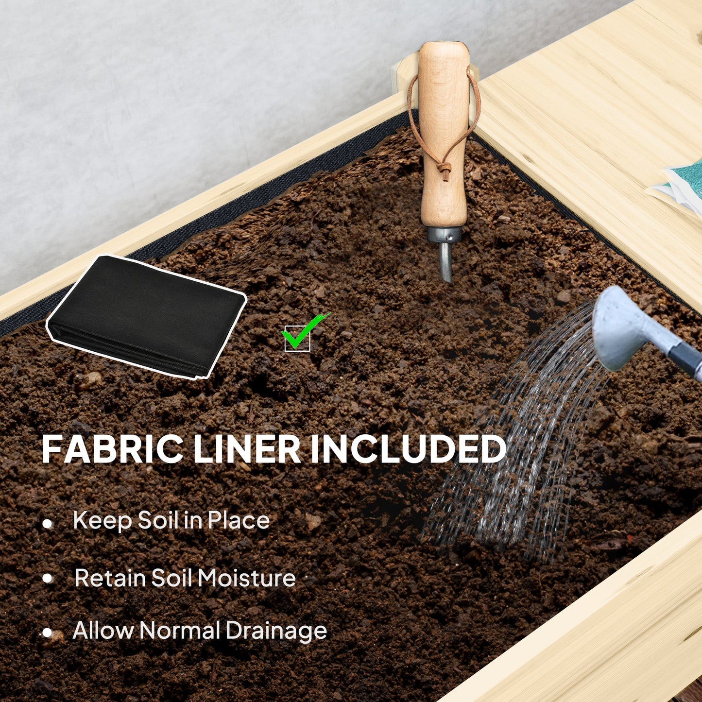 Raised Garden Bed, Wooden Elevated Planter Box with Lockable Wheels, Side Tables and Bottom Shelf, Outdoor Planter with Liner and Drainage Holes for Vegetables, Flowers, Fruits, Natural