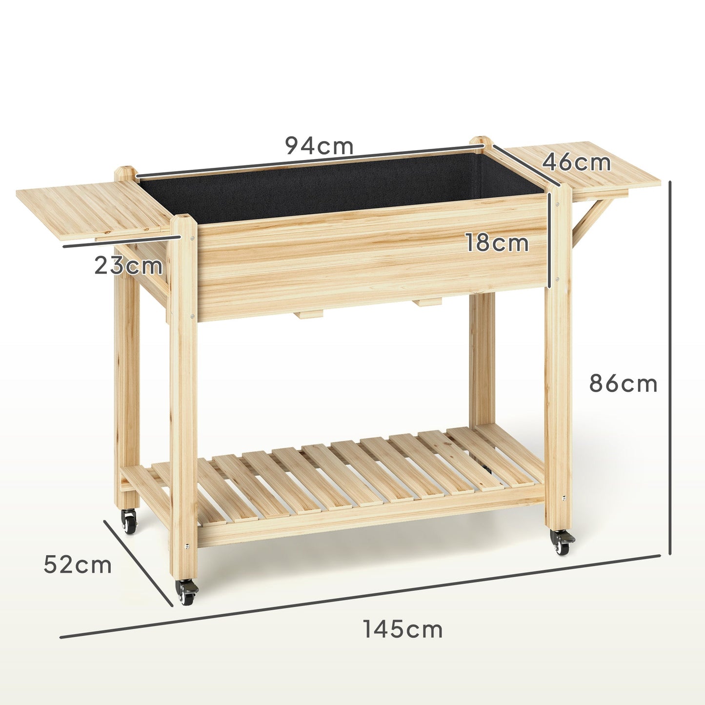 Raised Garden Bed, Wooden Elevated Planter Box with Lockable Wheels, Side Tables and Bottom Shelf, Outdoor Planter with Liner and Drainage Holes for Vegetables, Flowers, Fruits, Natural