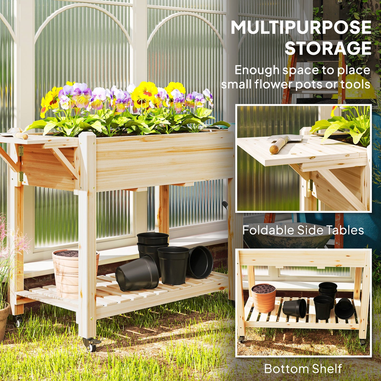 Raised Garden Bed, Wooden Elevated Planter Box with Lockable Wheels, Side Tables and Bottom Shelf, Outdoor Planter with Liner and Drainage Holes for Vegetables, Flowers, Fruits, Natural
