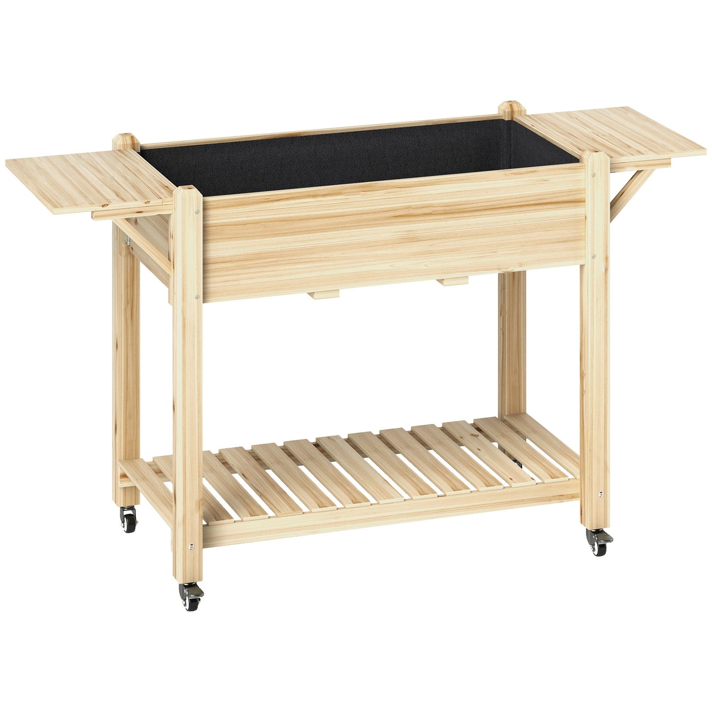 Raised Garden Bed, Wooden Elevated Planter Box with Lockable Wheels, Side Tables and Bottom Shelf, Outdoor Planter with Liner and Drainage Holes for Vegetables, Flowers, Fruits, Natural
