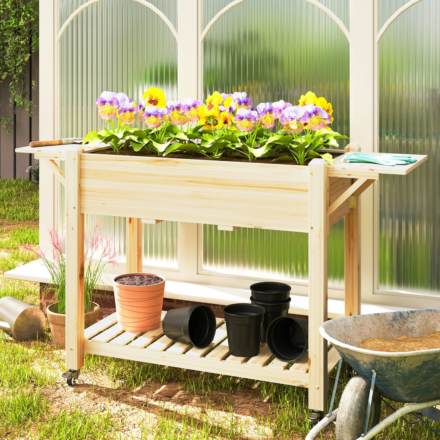 Raised Garden Bed, Wooden Elevated Planter Box with Lockable Wheels, Side Tables and Bottom Shelf, Outdoor Planter with Liner and Drainage Holes for Vegetables, Flowers, Fruits, Natural