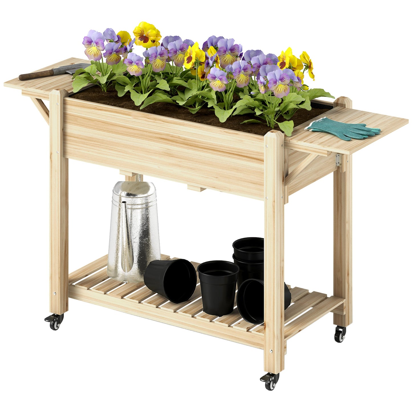 Raised Garden Bed, Wooden Elevated Planter Box with Lockable Wheels, Side Tables and Bottom Shelf, Outdoor Planter with Liner and Drainage Holes for Vegetables, Flowers, Fruits, Natural
