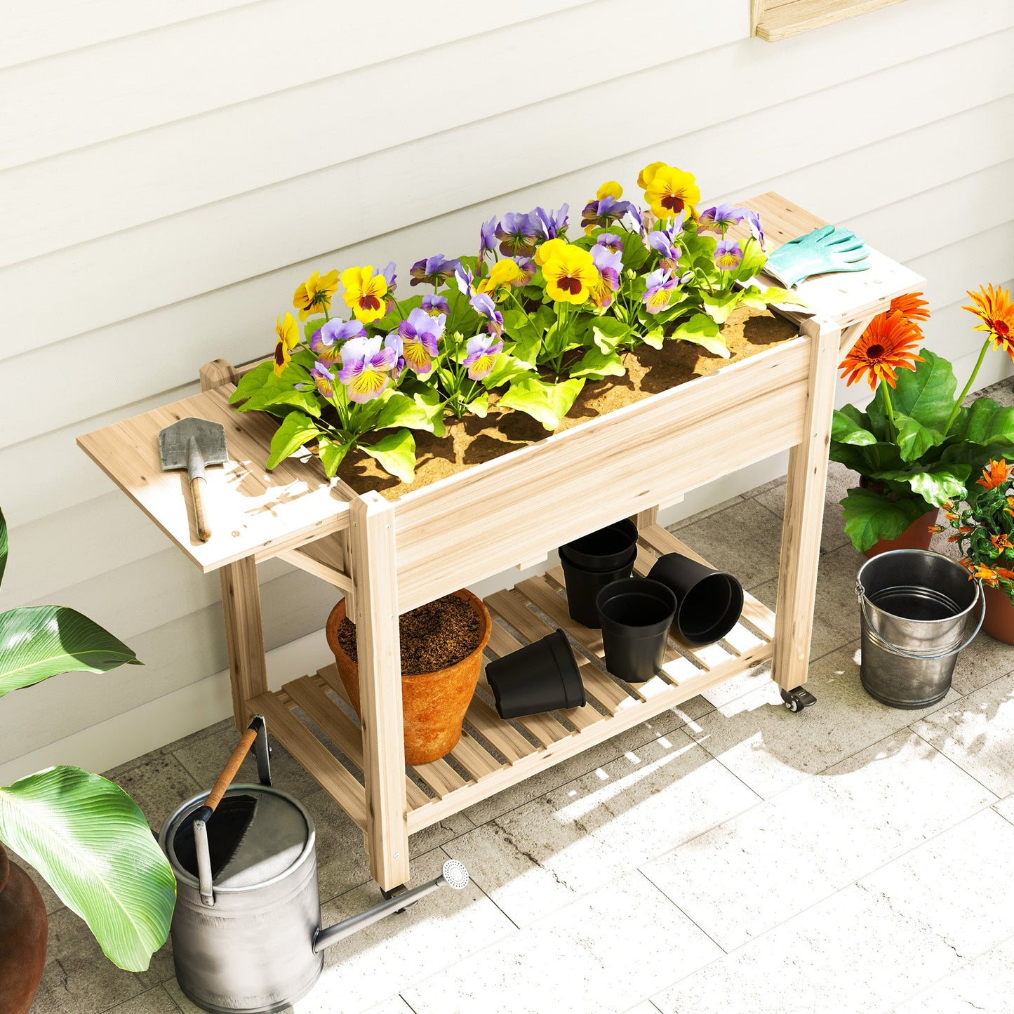 Raised Garden Bed, Wooden Elevated Planter Box with Lockable Wheels, Side Tables and Bottom Shelf, Outdoor Planter with Liner and Drainage Holes for Vegetables, Flowers, Fruits, Natural