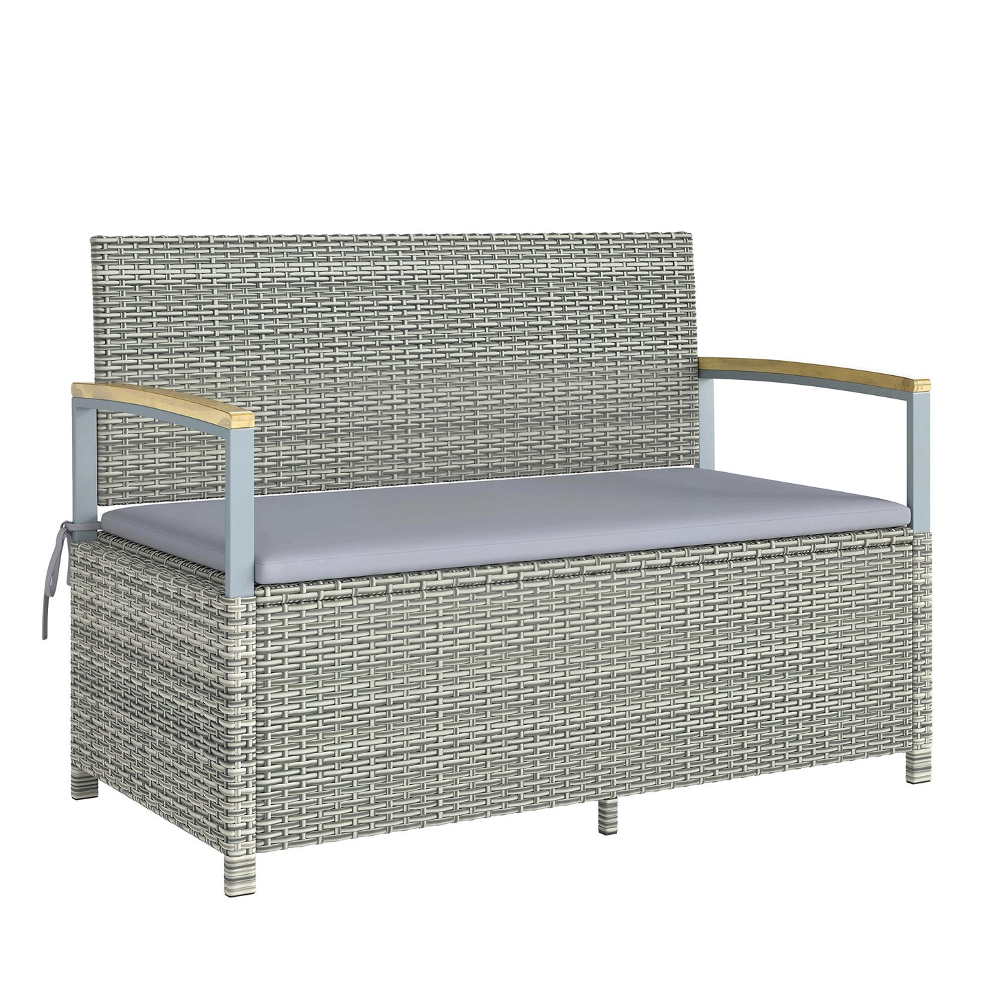 144 L Garden Storage Bench with Zipped Liner, 2 Seater PE Rattan Garden Bench with Storage, Gas Strut, Acacia Wood Top Armrests, Cushion, Patio Outdoor Benches Chest Container, Light Grey