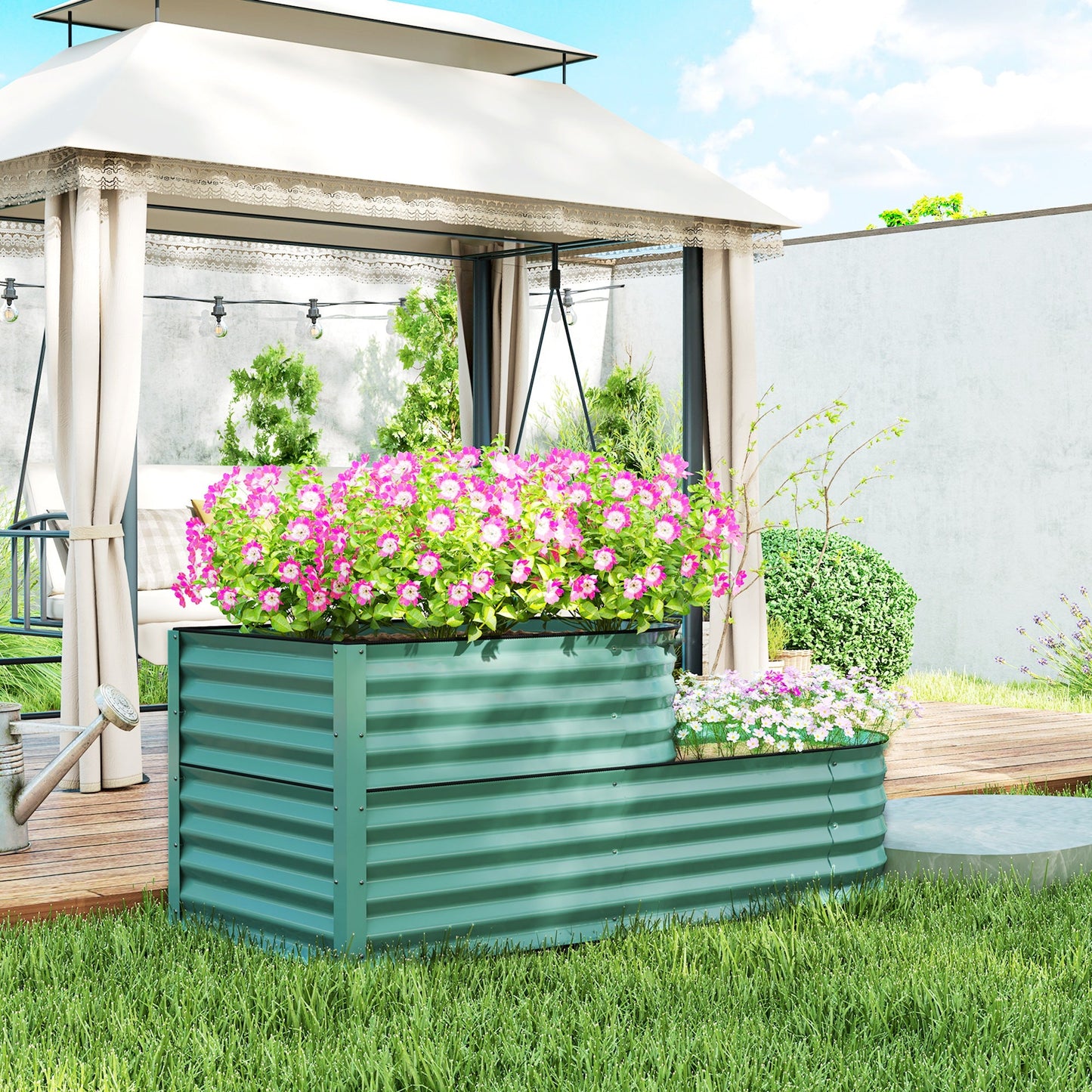 2-Tier Raised Garden Bed, Outdoor Galvanised Planter Box with Safety Edging and Gloves, Metal Raised Bed with Open Bottom for Vegetables, Flowers, Fruits and Herbs, Dark Green